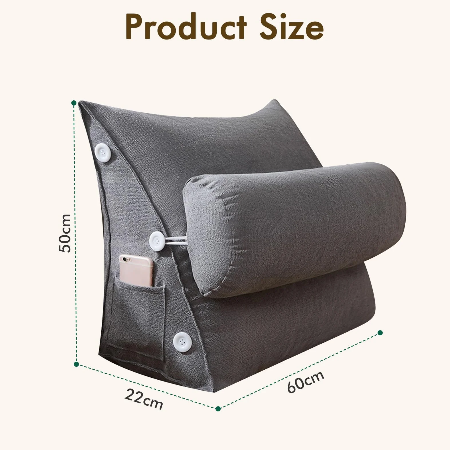 Poduszka do czytania, poduszka klinowa do łóżka, 60 x 22 x 50 cm, ergonomiczna poduszka pod plecy z aksamitnym obiciem i kieszenią boczną, rolka pod kark z regulacją wysokości, poduszka z