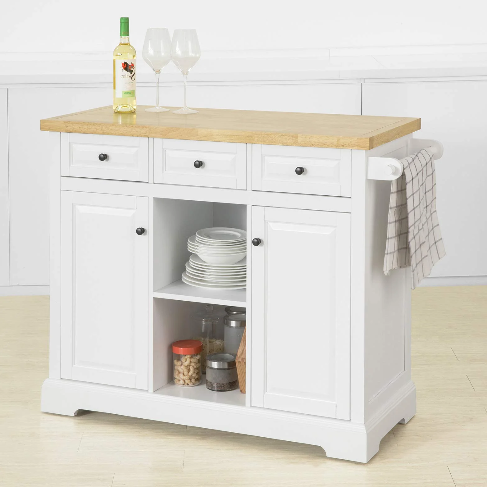 SoBuy FKW101-WN Wyspa kuchenna z blatem roboczym, wózek kuchenny z 2 drzwiami i otwartymi półkami, z 3 szufladami, kredens na kółkach, kolor biały, szer. x wys. x gł. ok.: 115 x 90,7 x 46 cm
