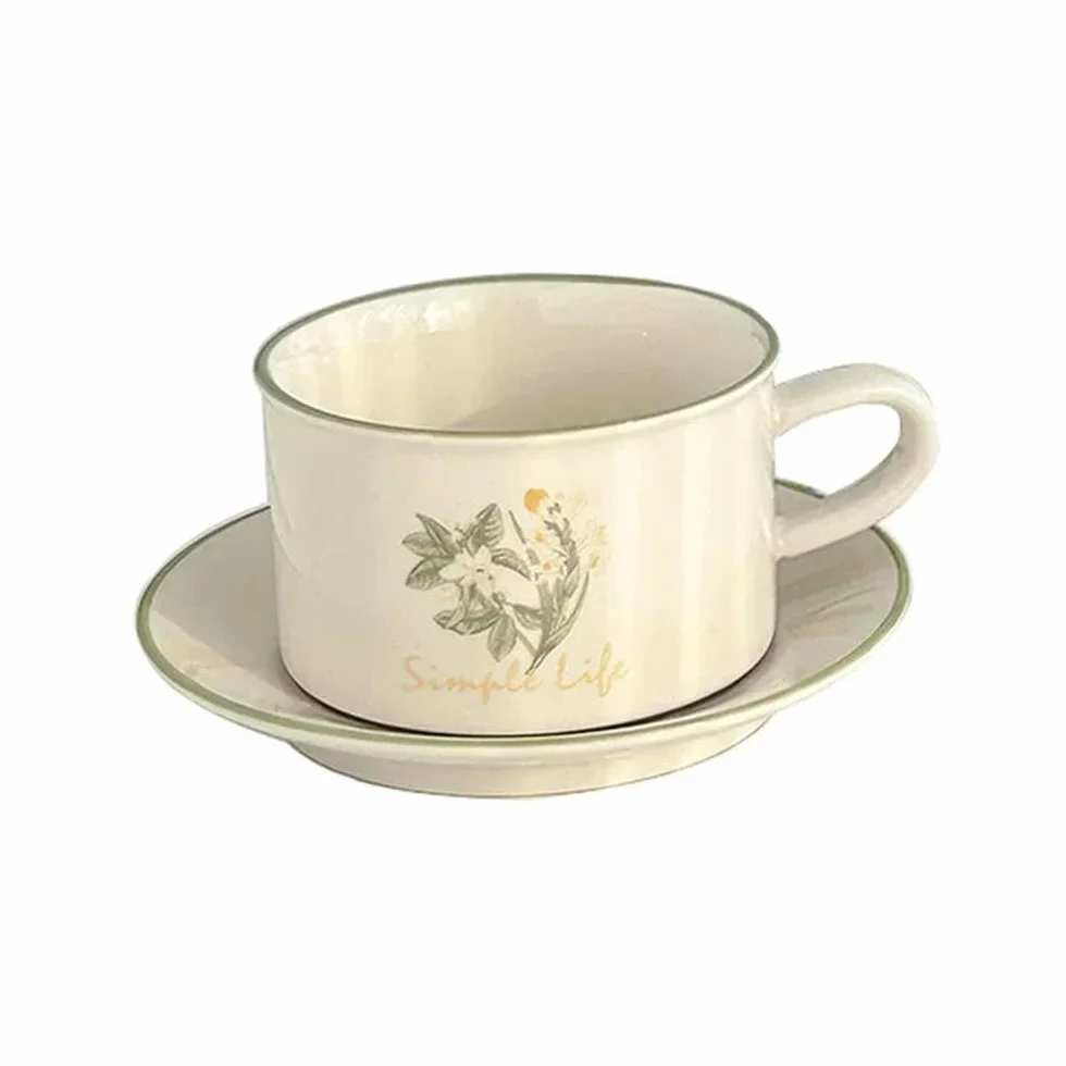 Ceramiczne kubki i spodki 380 ml, zestaw retro z uchwytem, wzór konwalii, luksusowy kubek do herbaty i spodek, kubek na mleko
