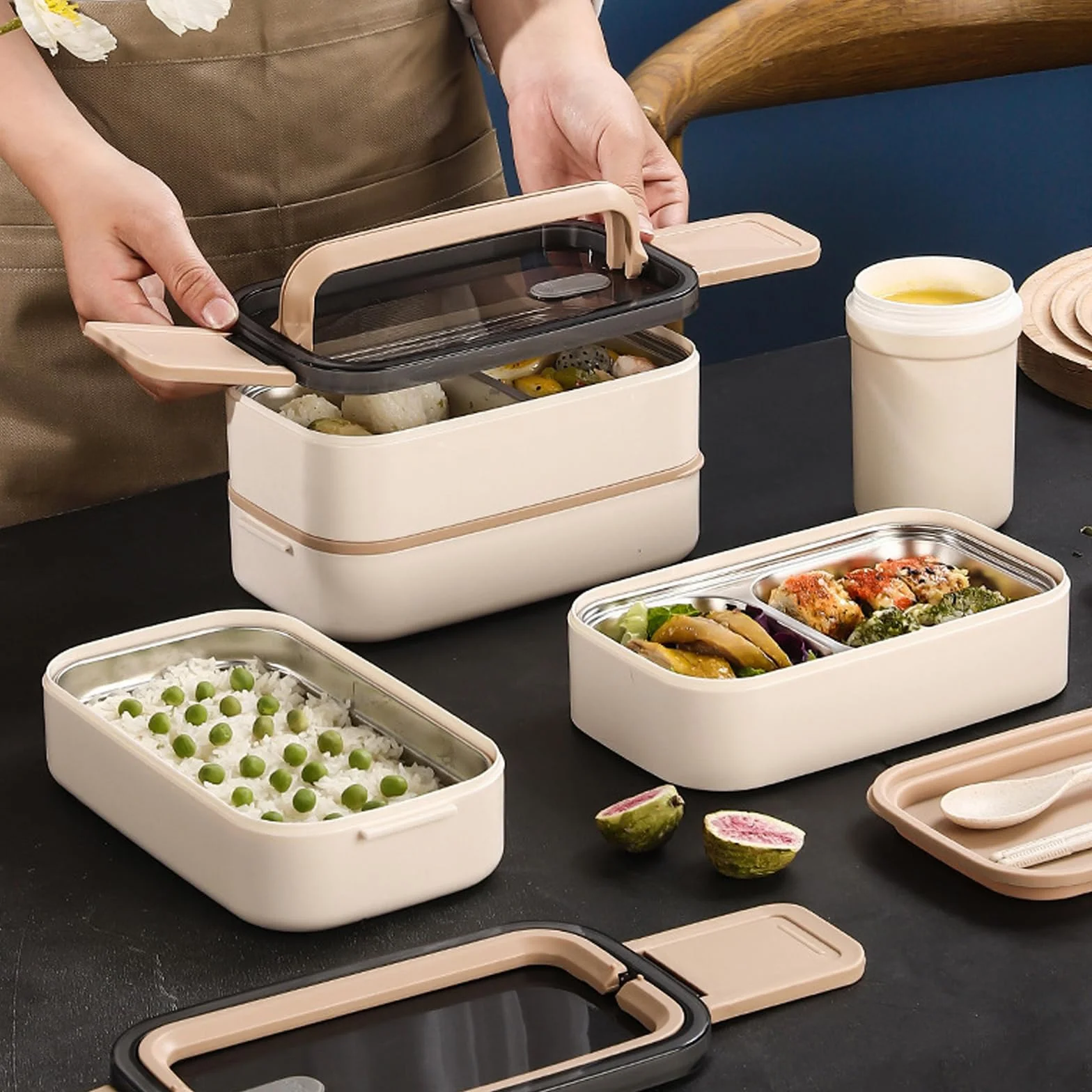 Pudełko Bento Box, 2 poziome, z przegródkami, 1400 ml, ze stali nierdzewnej, hermetyczne, nie zawiera BPA, z zestawem sztućców