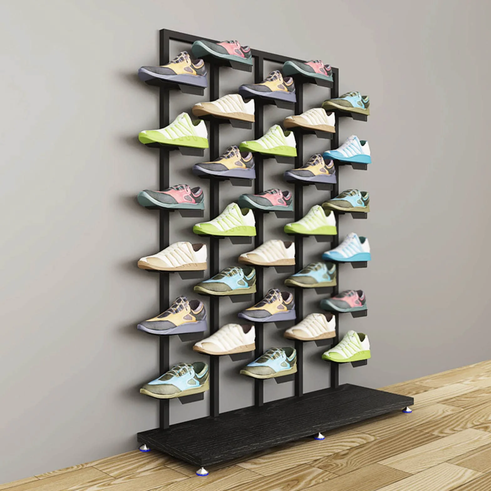 Stojaki wystawowe do komercyjnego sklepu obuwniczego, Nowoczesny sklep odzieżowy, Duży wolnostojący stojak na buty, Metalowy stojak na sneakersy, Stojak organizujący buty do butiku detalicznego