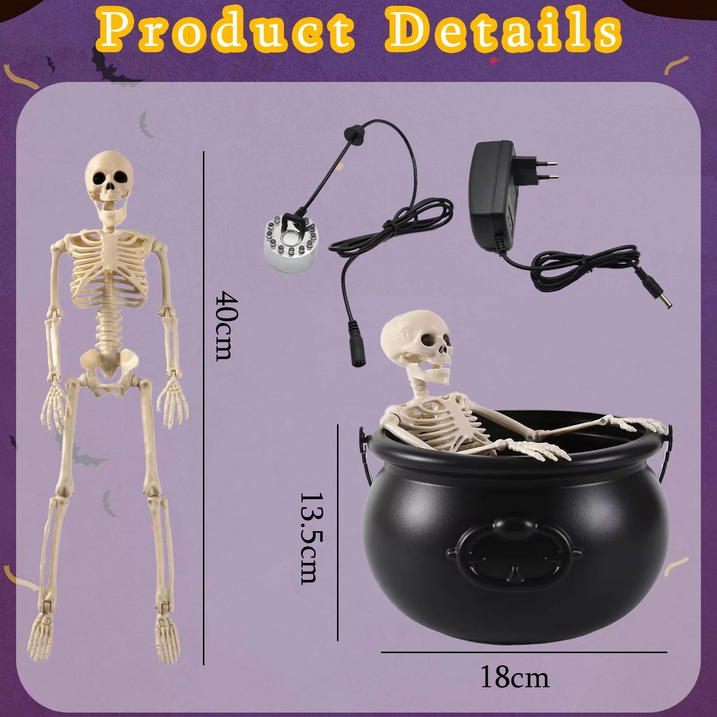 KEELYY Dekoracyjny kocioł czarownicy na Halloween, ze szkieletem, diodami LED i wytwornicą mgły, garnek czarownicy z dyfuzorem mgły, duży czarny czarownic Cauldron, kocioł dekoracyjny na Halloween
