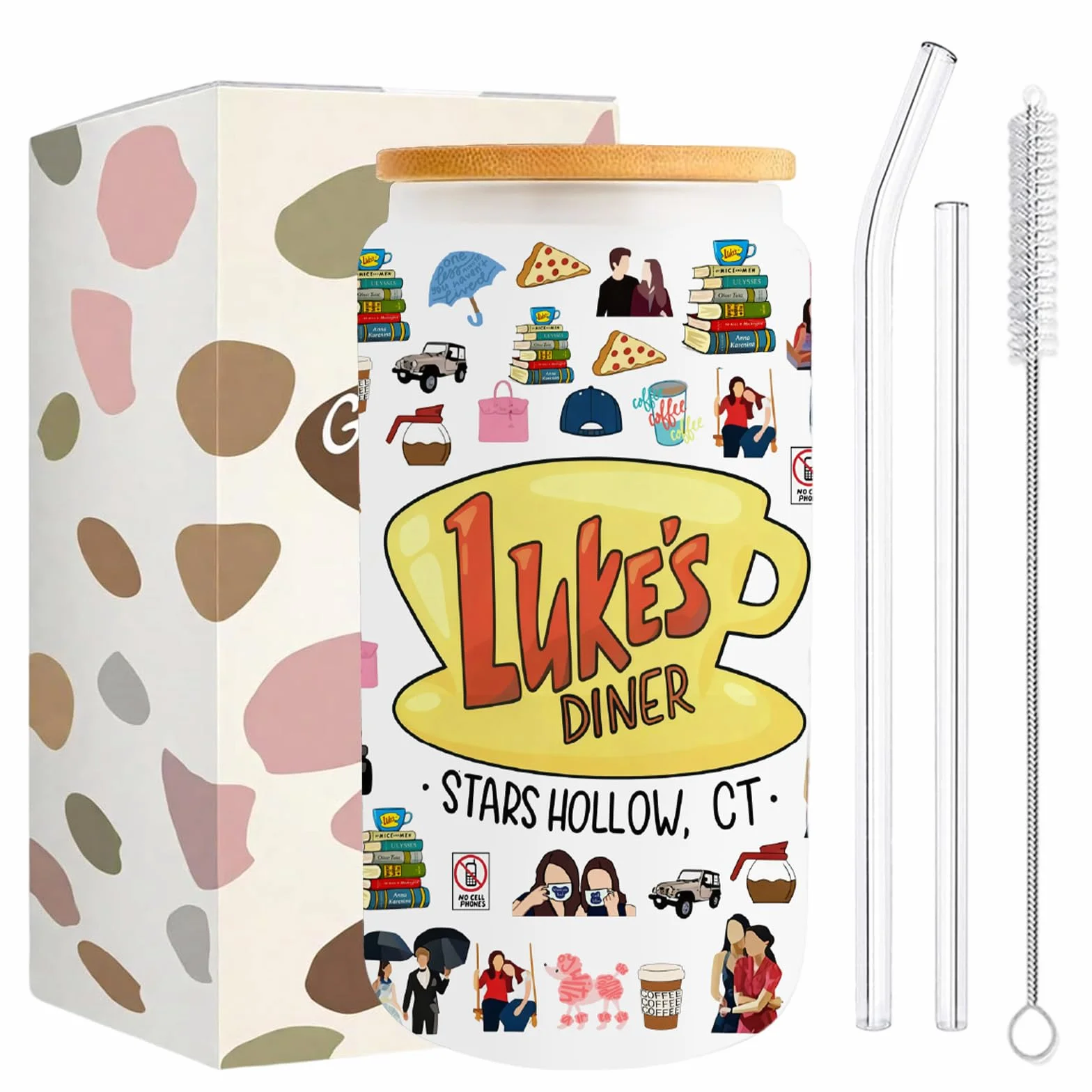 gilmore girls merch szklanka ze słomką i pokrywką, kompletny zestaw i dwustronny nadruk, kubek szklany dla dziewcząt, nastolatków, fanów, na prezent, do kawy, soku, koktajli, 500 ml