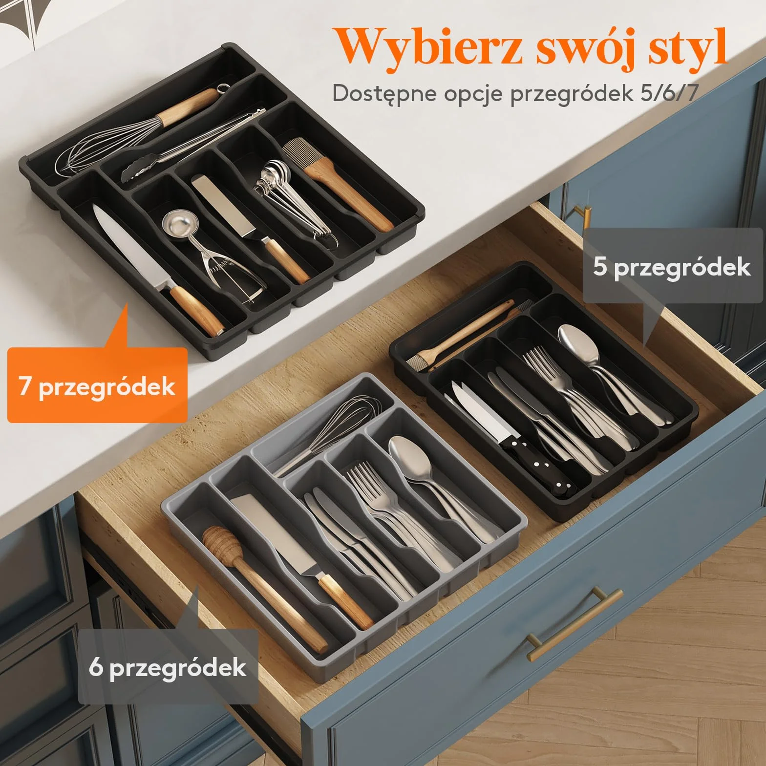 Lifewit Organizer do Szuflady na Sztućce, Plastikowa Taca na Sztućce do Szuflady Kuchennej, Uchwyt z Przegrodami na Łyżki, Widelce i Noże, 7 Przegródek, Czarny