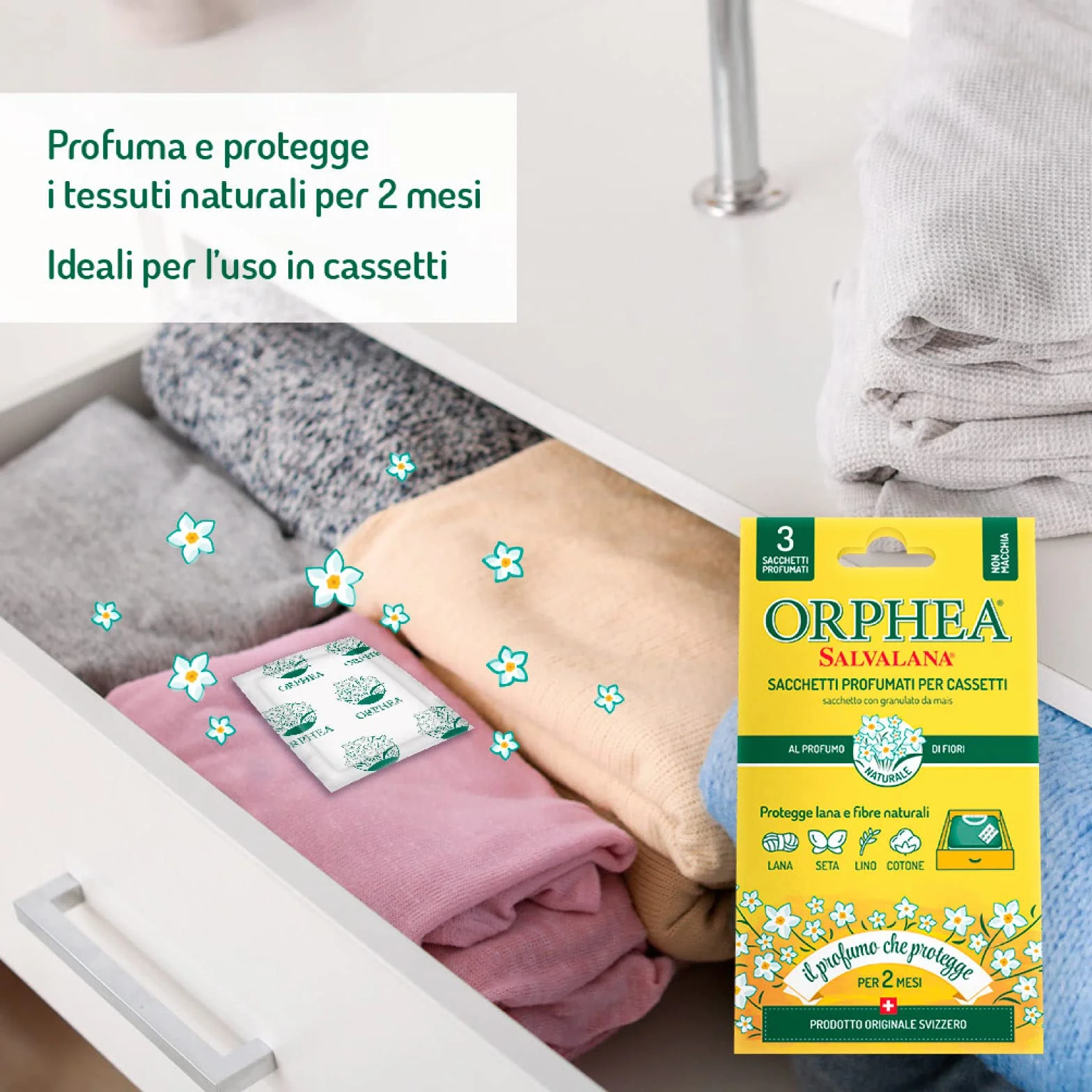 3 x worek zapachowy Orphea do szuflad chroni naturalną wełnę i włókna przed zapachem kwiatów - 3 opakowania po 3 woreczki każda