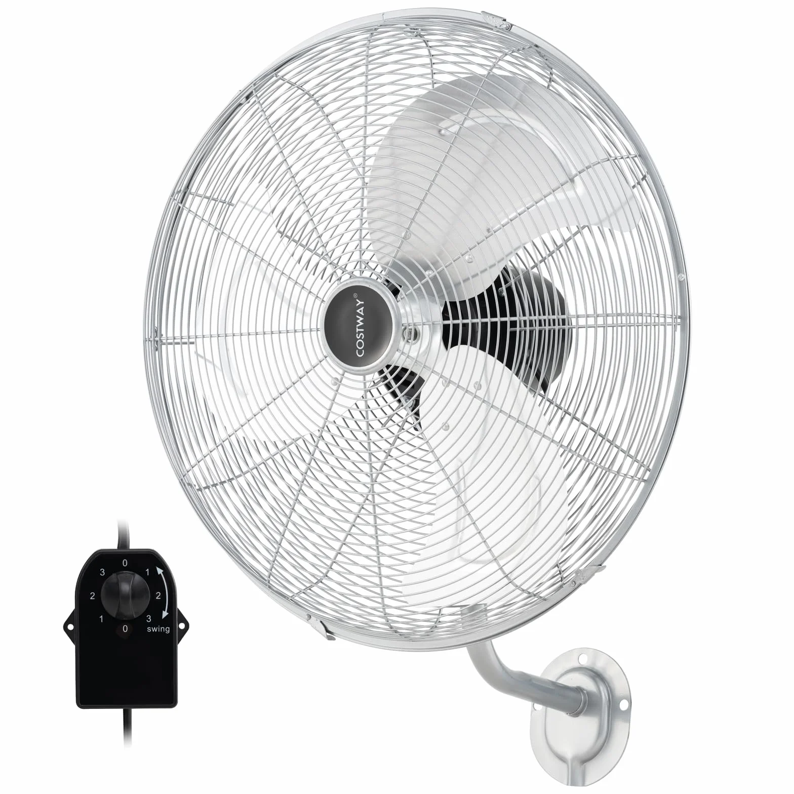 COSTWAY Wentylator ścienny przemysłowy 56 cm, oscylacja 85° i regulowany kąt nachylenia 30°, 3 stopnie prędkości, wentylator z oscylującą głowicą, do magazynu, warsztatu, szklarni (kolor srebrny)