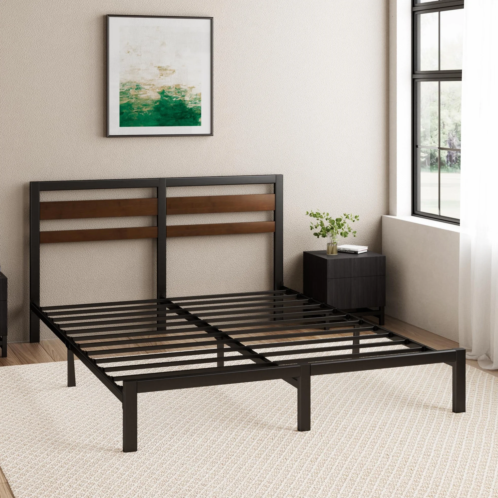 Zinus Kai 90 x 200 cm – 80 cm wysokości – zrównoważona rama łóżka z bambusa i metalu z zagłówkiem – metalowe łóżko ze stelażem – wolna przestrzeń pod łóżko – łatwy montaż – czarne i brązowe
