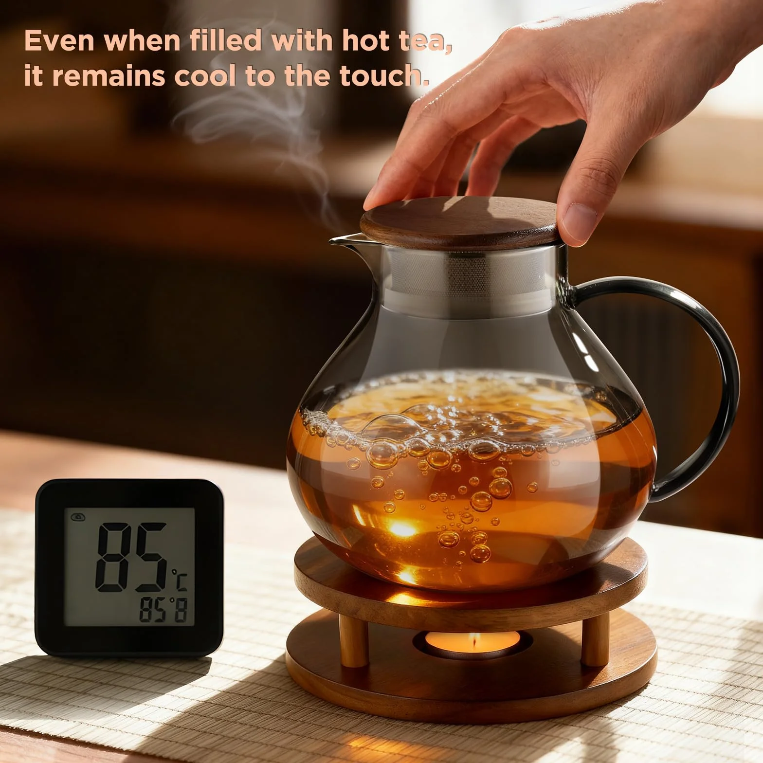 Ecooe 1400 ml prosta szklana dzbanek do herbaty z 18/8 czarną stalą szlachetną 2 w 1 sitko do herbaty z pokrywką dzbanek do herbaty z borokrzemiku Nadaje się do zimnych i gorących napojów na otwartym