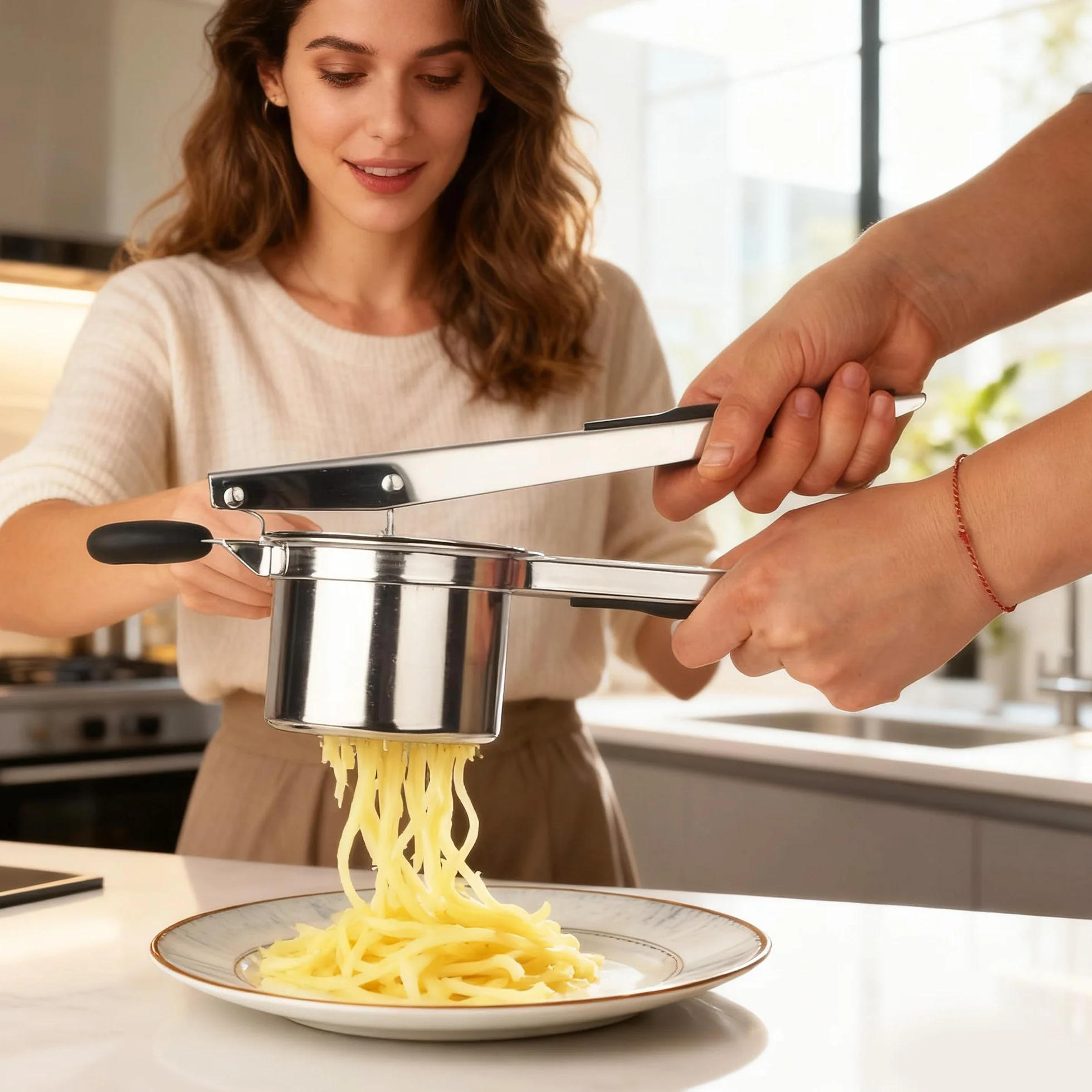 Prasa do ziemniaków, prasa do szpecli, ze stali nierdzewnej, wyciskarka do spaghetti z 4 wymiennymi sitkami, wyciskarka do spaghetti, do puree ziemniaczanego, kaszy warzywnej, soków owocowych