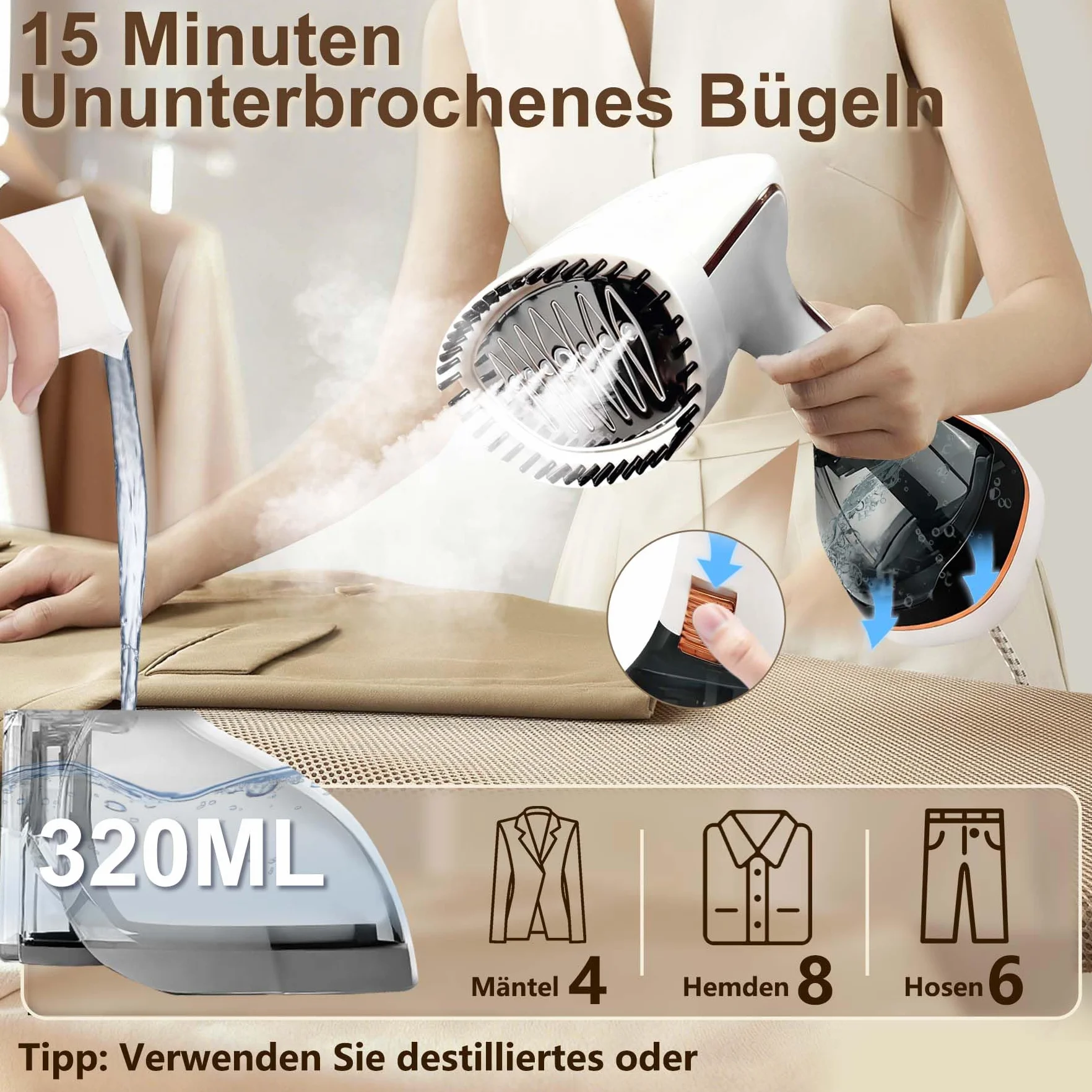 Parownica parowa 1780 W, 20 sekund, bardzo szybkie nagrzewanie, 320 ml, duży zdejmowany zbiornik (30 g/min para), 3 poziomy i automatyczne wyłączanie, 2 w 1, pionowo/poziomo, do domu, biura i