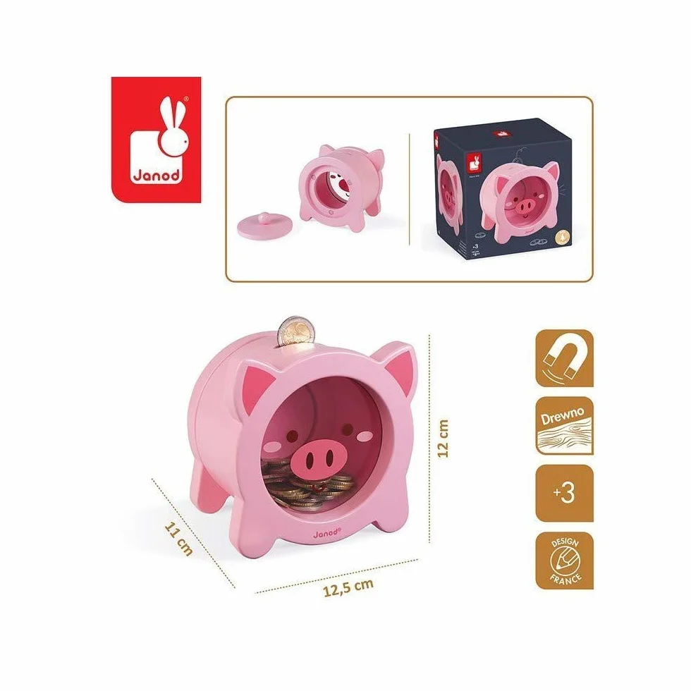 Janod Wooden Children’s Piggy Bank 5.9 inch See-Through Side Magnetic Opening Ages 3+