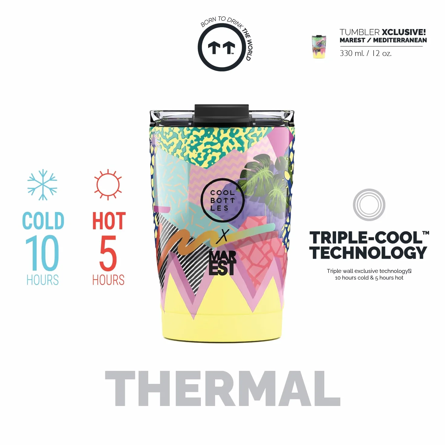 Cool Bottles - Termos do kawy, kubek termiczny ze stali nierdzewnej, kubek do kawy - 10 godzin zimne i gorące napoje 5 godzin - Szczelna pokrywka, bez BPA - Mediterranean, 330 ml
