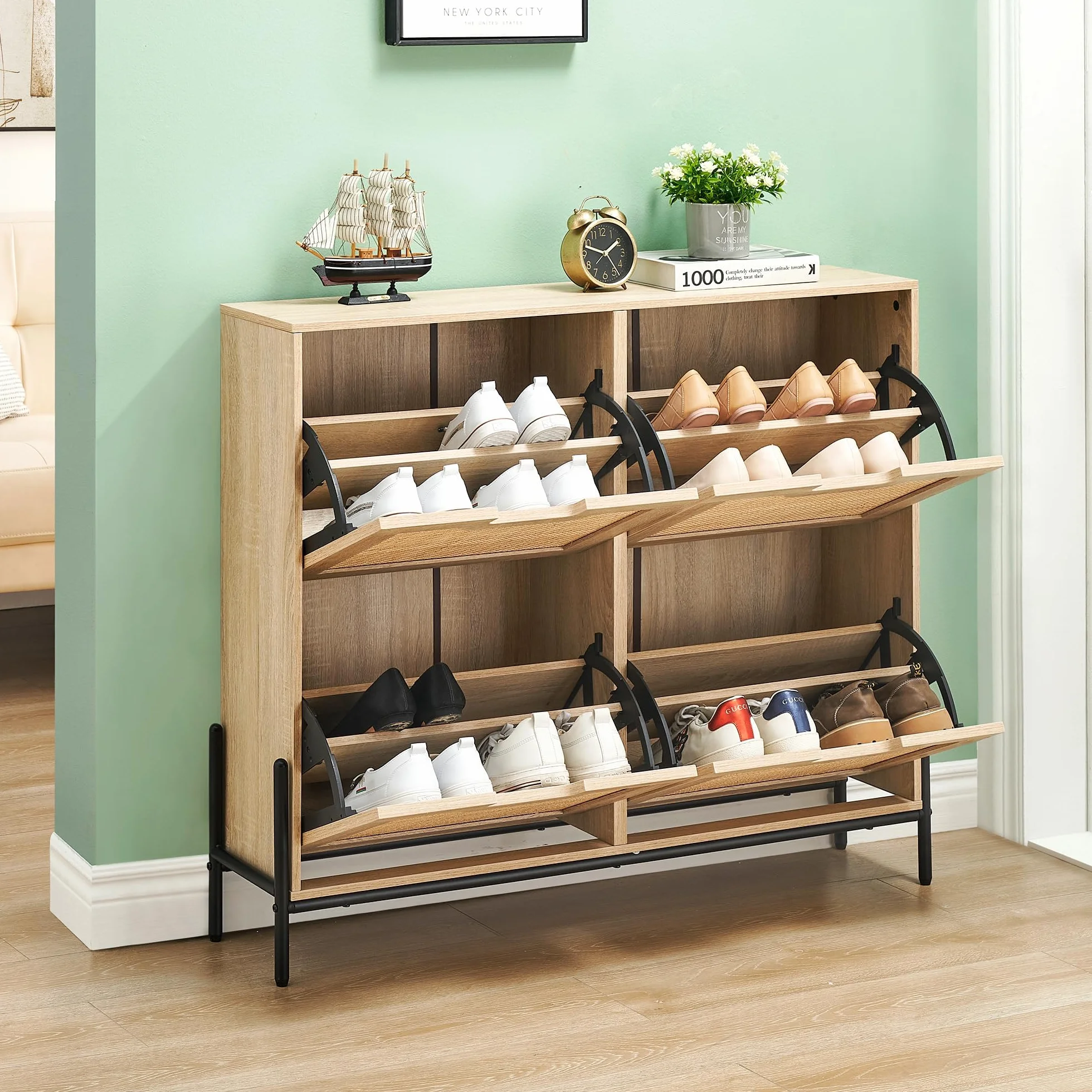 Szafka na buty, rattanowa, wąska szafka na buty z 4 klapkami, z 8 regulowanymi półkami, komoda na buty do korytarza, wejścia 100 x 24 x 88 cm