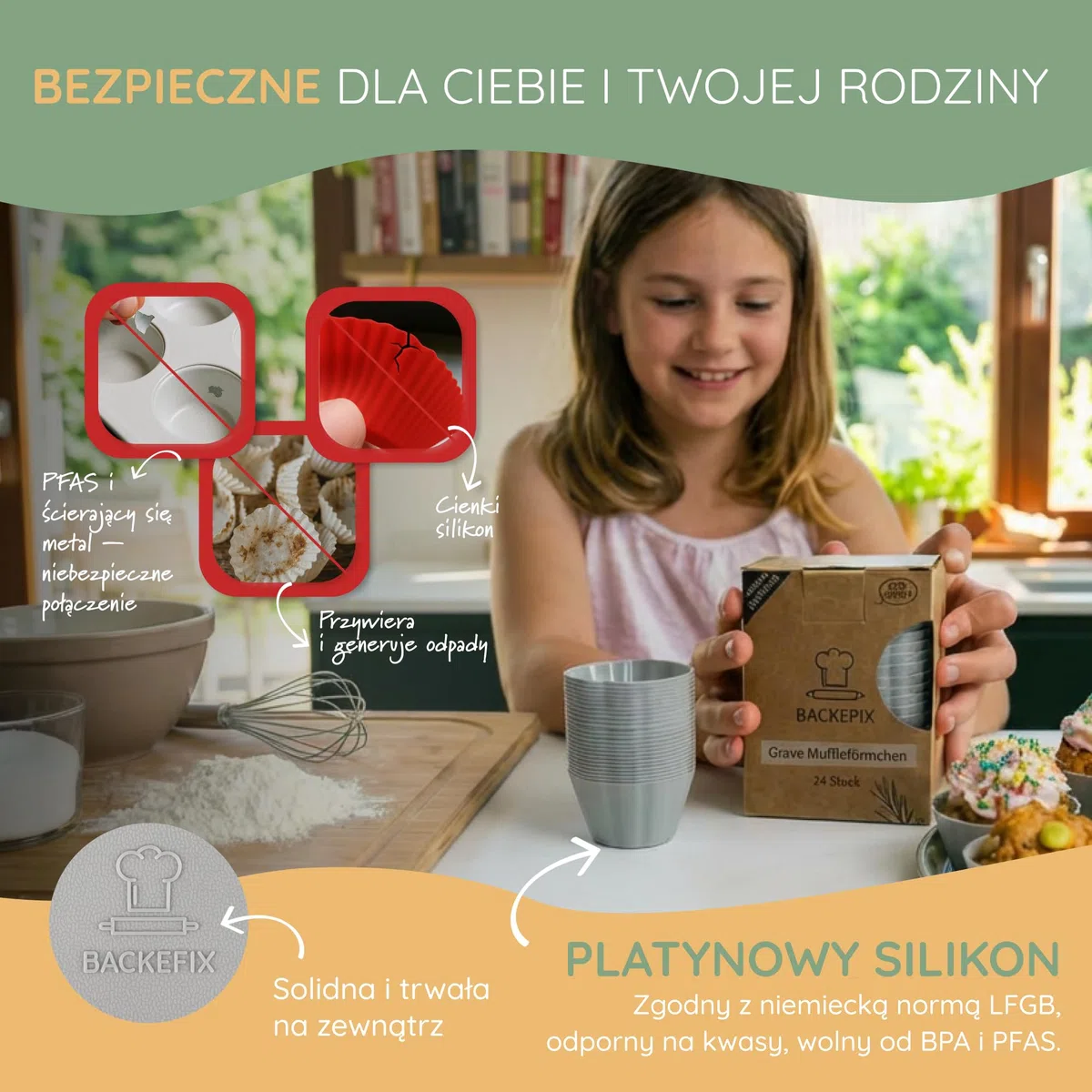 Backefix silikonowe foremki do muffinek zestaw – 24 szt., szare (Ø 6 cm) – nieprzywierające, platynowy silikon, do zmywarki, bez BPA i PFAS – do muffinów, cupcakes, deserów, ciastek