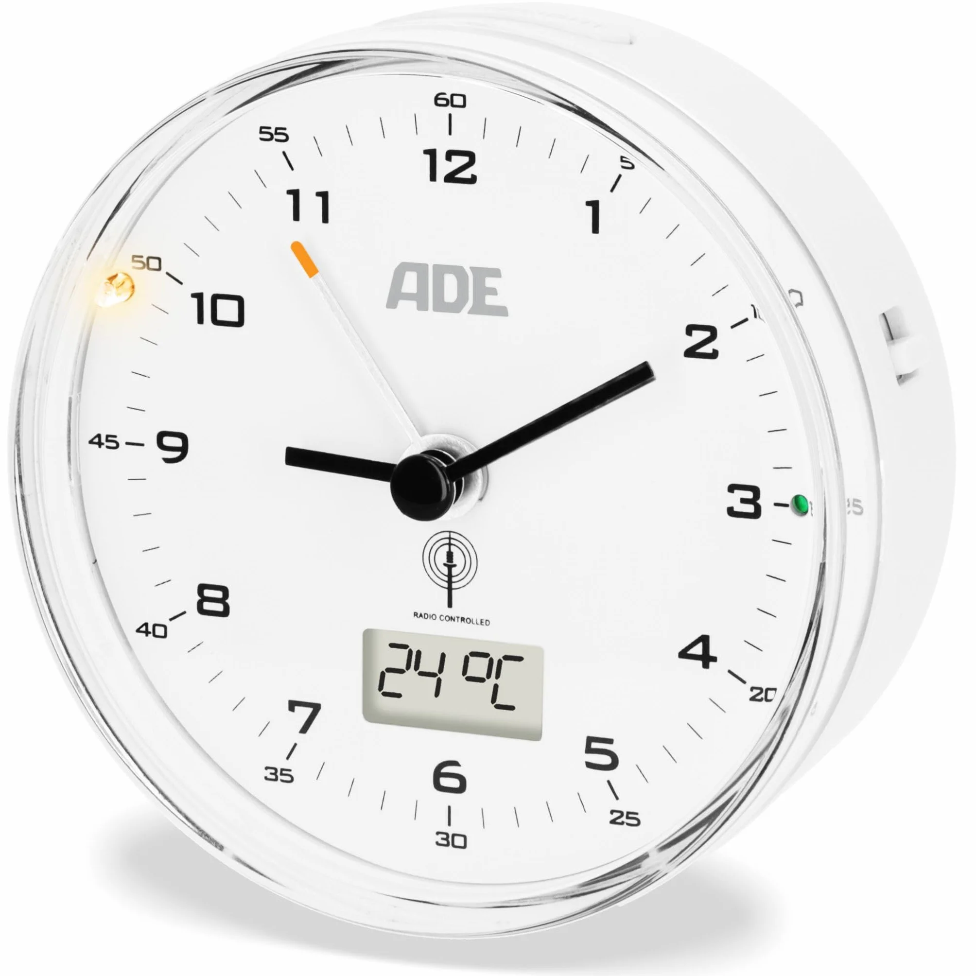 ADE Radiowy budzik analogowy bez tykania z wyświetlaczem temperatury i kalendarzem, biały