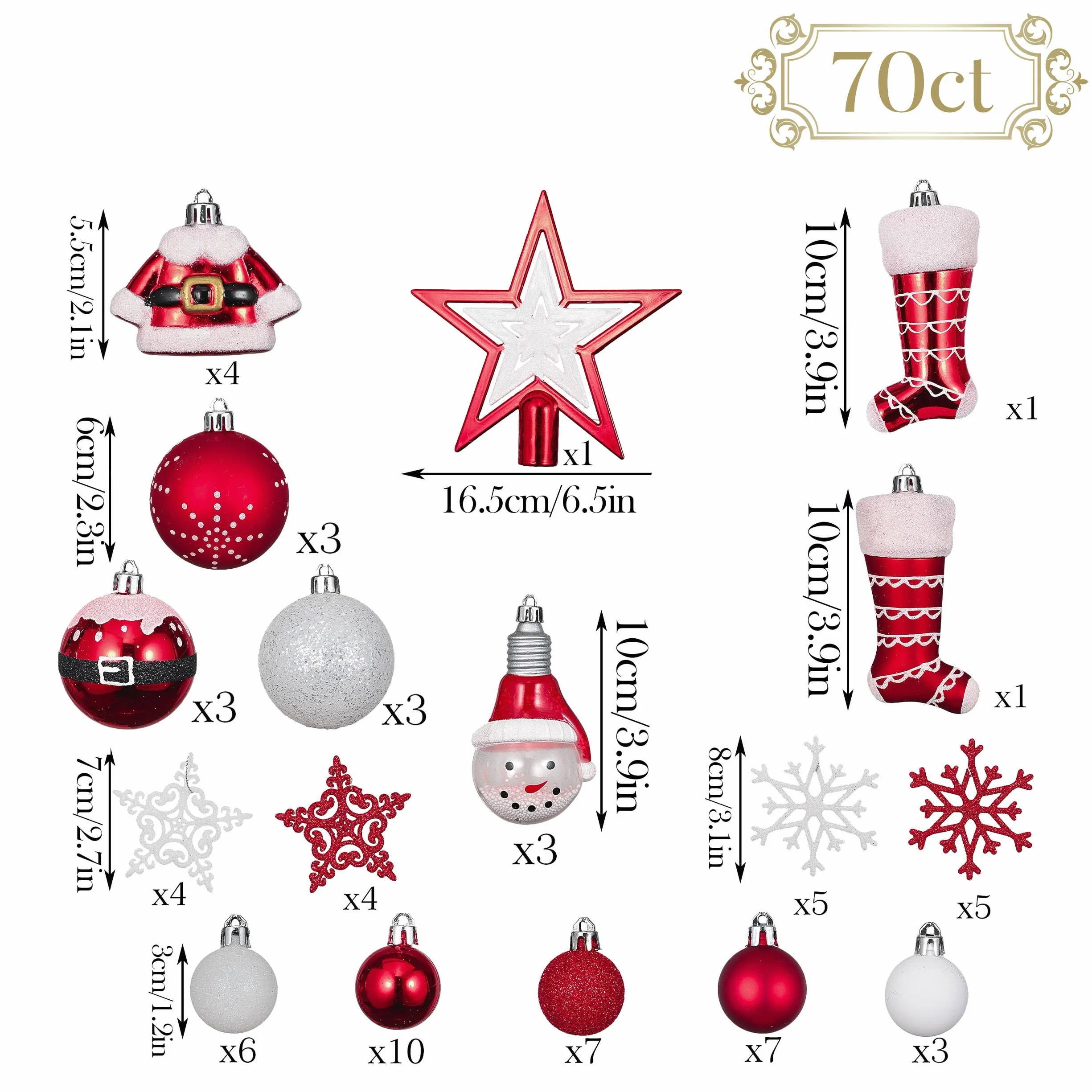 70ct Valery Madelyn Shatterproof Christmas Ornaments Set Red White Ball Tree Decorations