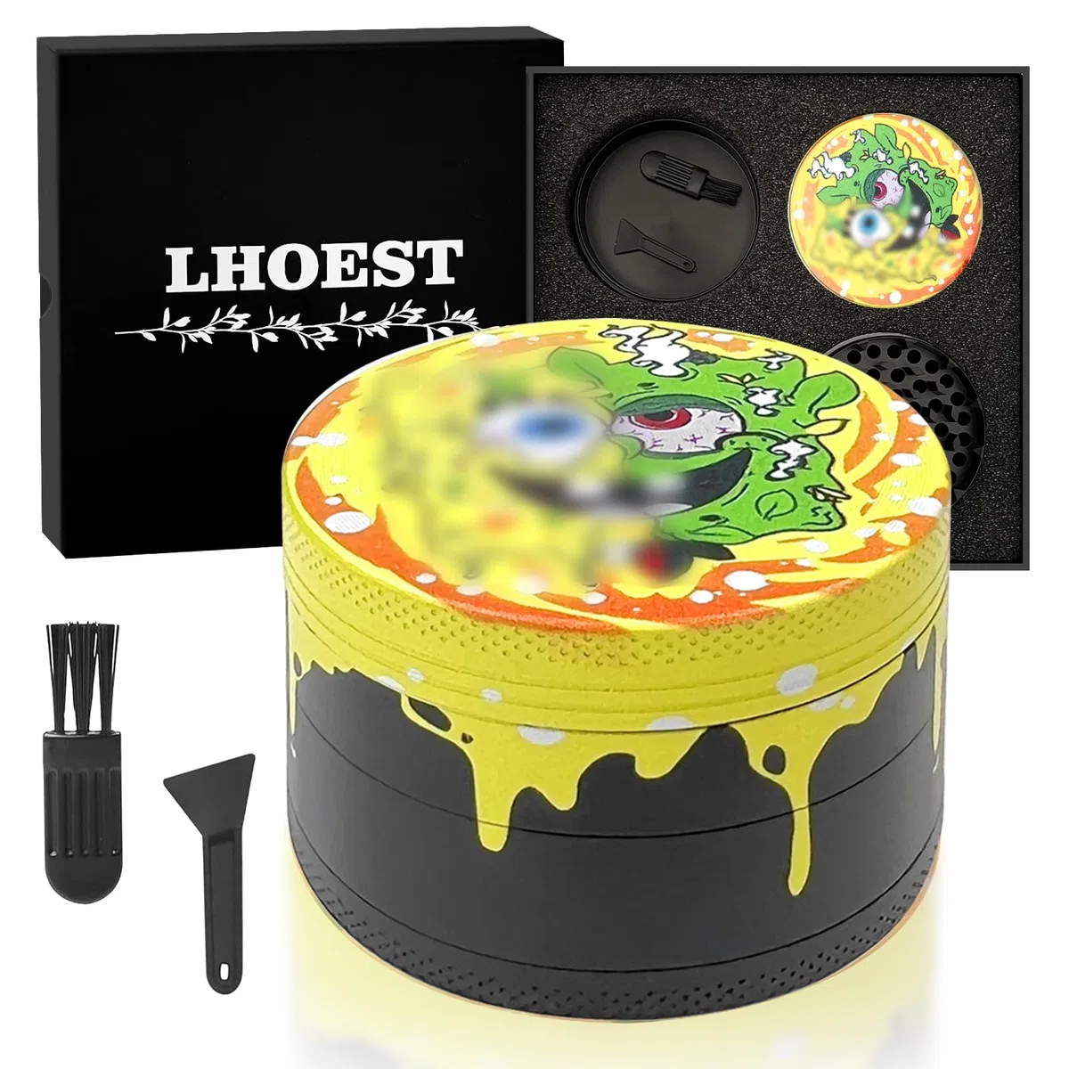 Grinder duża kruszarka 63 mm młynek do przypraw ze skrobakiem i plastikową szczotką szlifierki 4 warstwy żółty design kreskówka młynek do pyłków metal 4-częściowy zestaw do przypraw