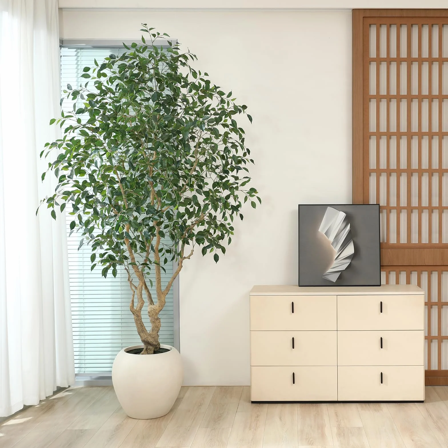 SOGUYI Sztuczne drzewko Ficus do wewnątrz, wysokie na 20 m wysokości, sztuczne drzewko figowe z okrągłą doniczką rzemieślniczą, wysokiej jakości, ręcznie wykonane, realistyczne pień i realistyczne