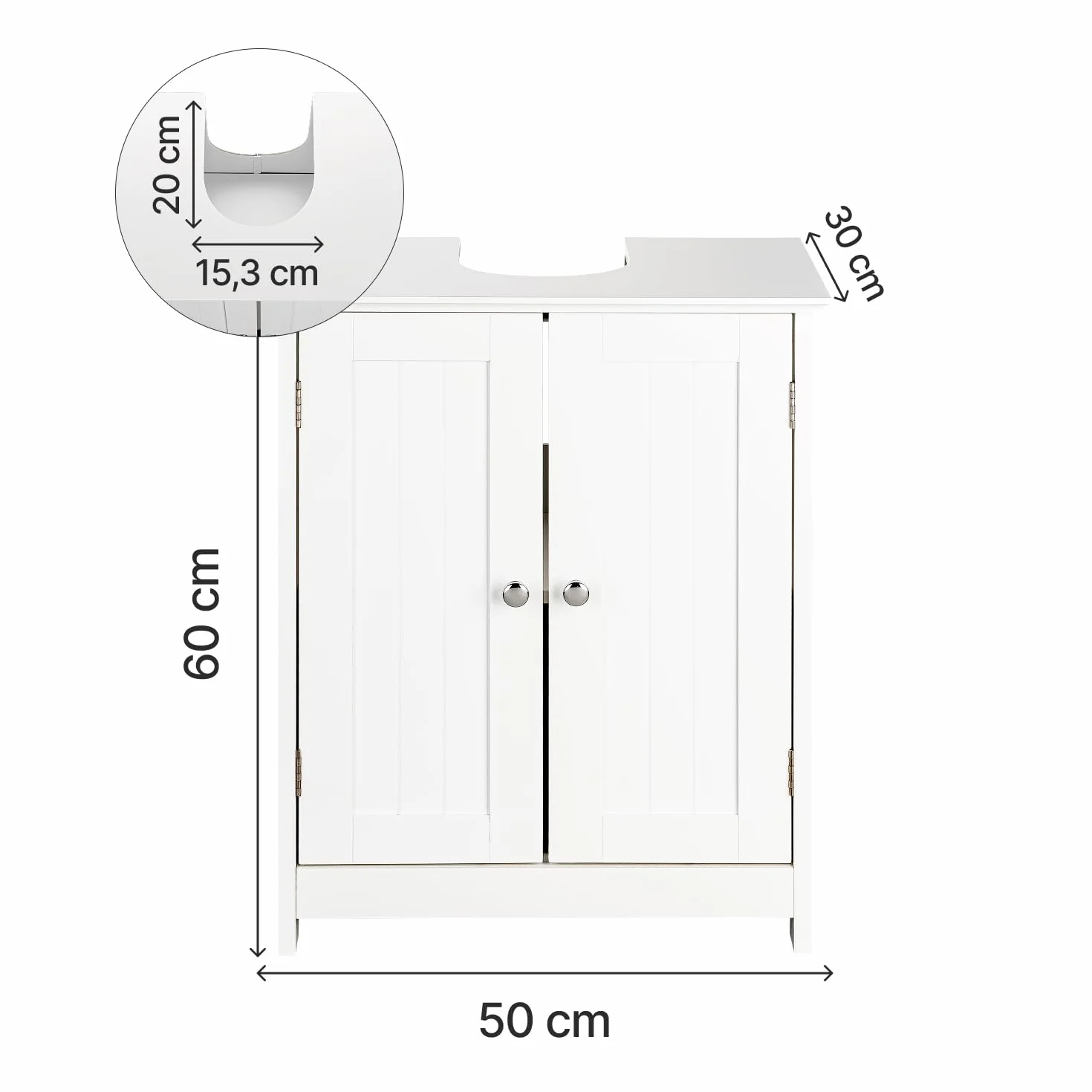 shelfmade szafka pod umywalkę w stylu rustykalnym – biała szafka łazienkowa (50 cm lub 60 cm szerokości) – szafka pod zlew z wycięciem na syfon – meble łazienkowe