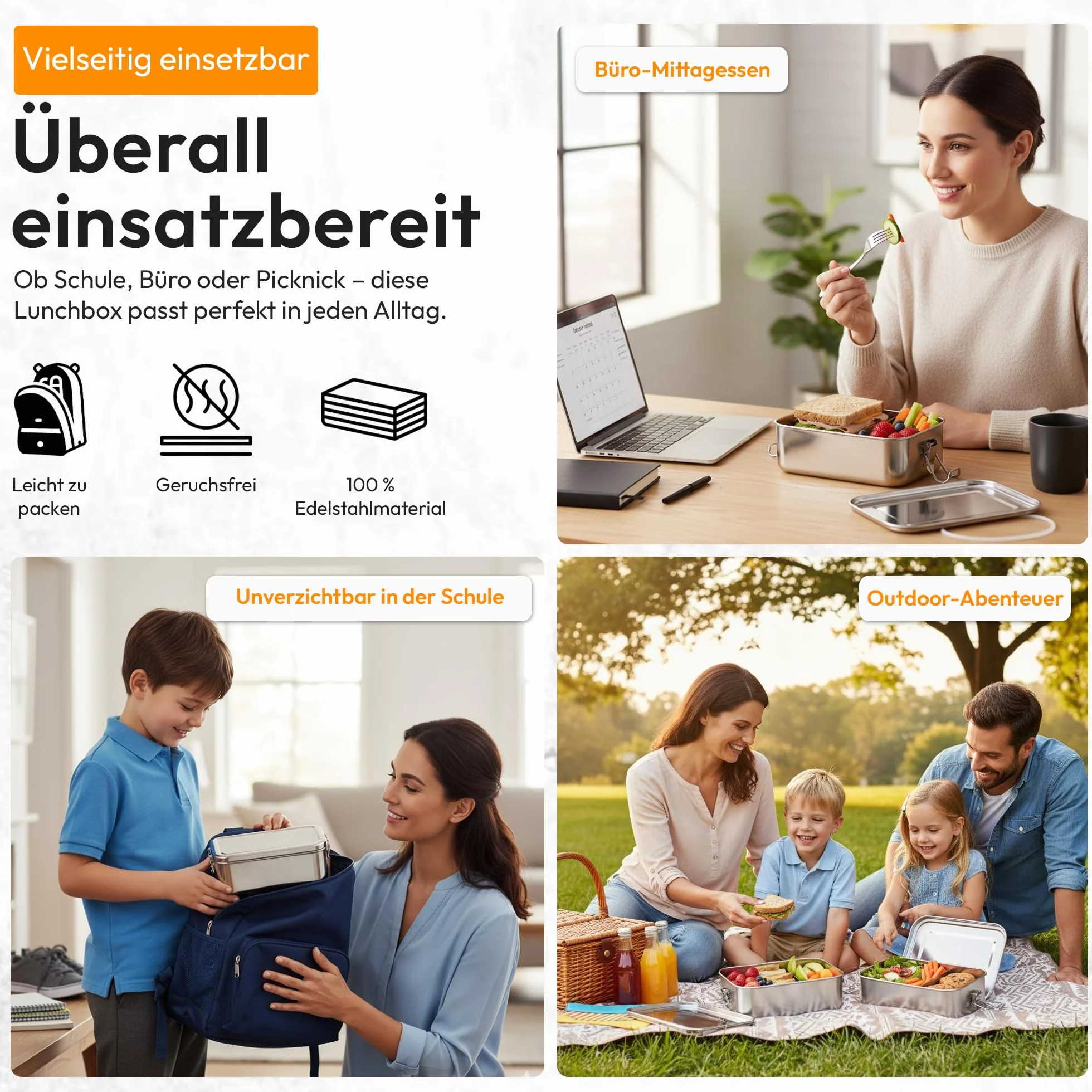 Pudełko na lunch Dimono® Szczelne bento box Pudełko na lunch ze stali nierdzewnej; Wodoodporne, trwałe pudełko z przegródkami i uszczelkami (c: 1400 ml)