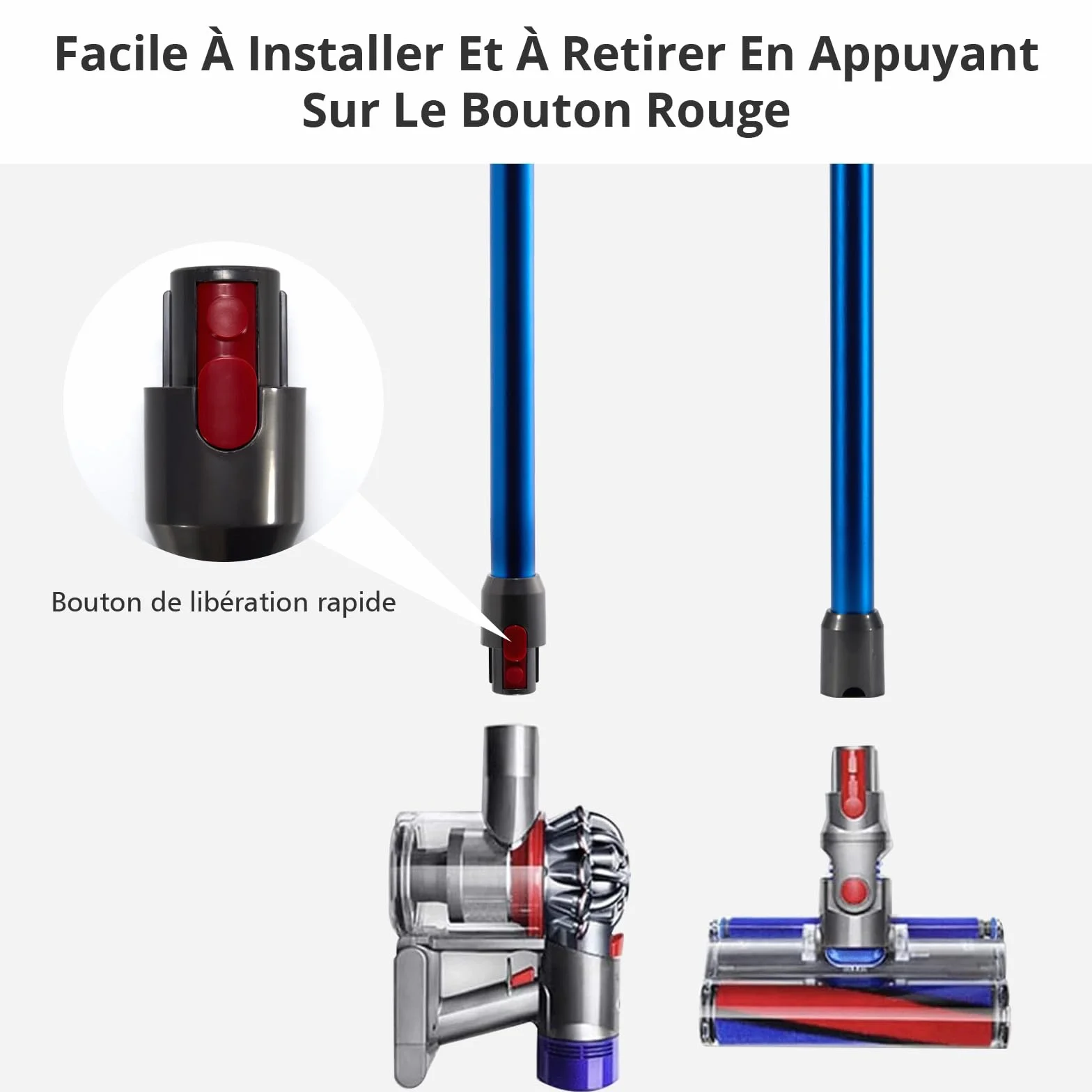 Rura teleskopowa do Dyson - rura przedłużająca kompatybilna z Dyson V7, V8, V10, V11, V15, długość 73 cm, szybkie zwalnianie, sztywne przedłużenie drążka z dwiema małymi szczotkami 2 w 1, niebieska