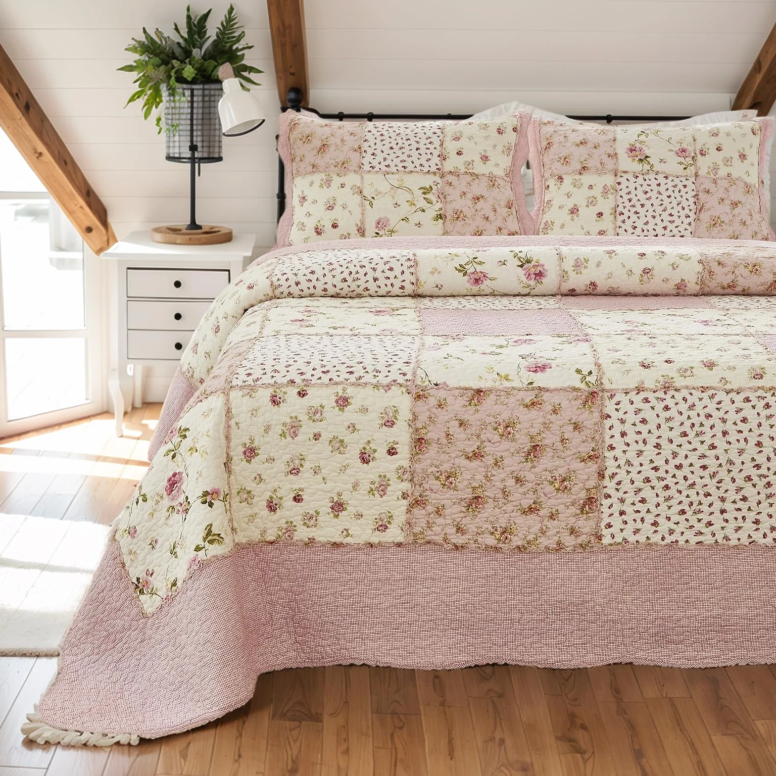 Brandream Różowa róża kwiatowy patchworkowe kołdry bawełna queen size pikowana kołdra zestaw rustykalny wiejski narzuta narzuta zestaw 3-częściowy