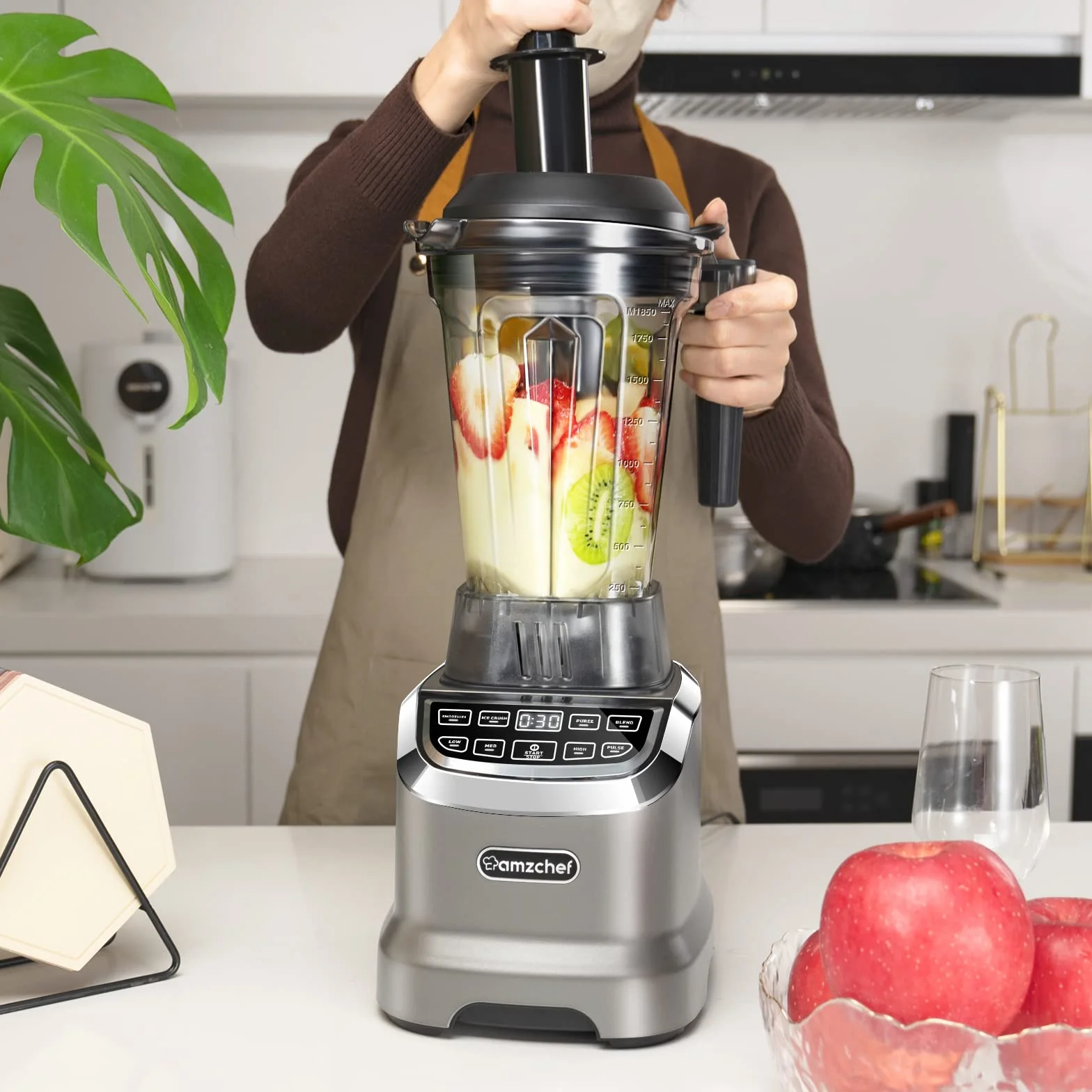 AMZCHEF Blender Smoothie Maker Two Blending Containers - Mikser Stojący High Performance Mikser o Wysokiej Wydajnośc with LED - 1200W 20000 RPM Stand Blender - 6 Ostrych Ostrzy 3D - Szary