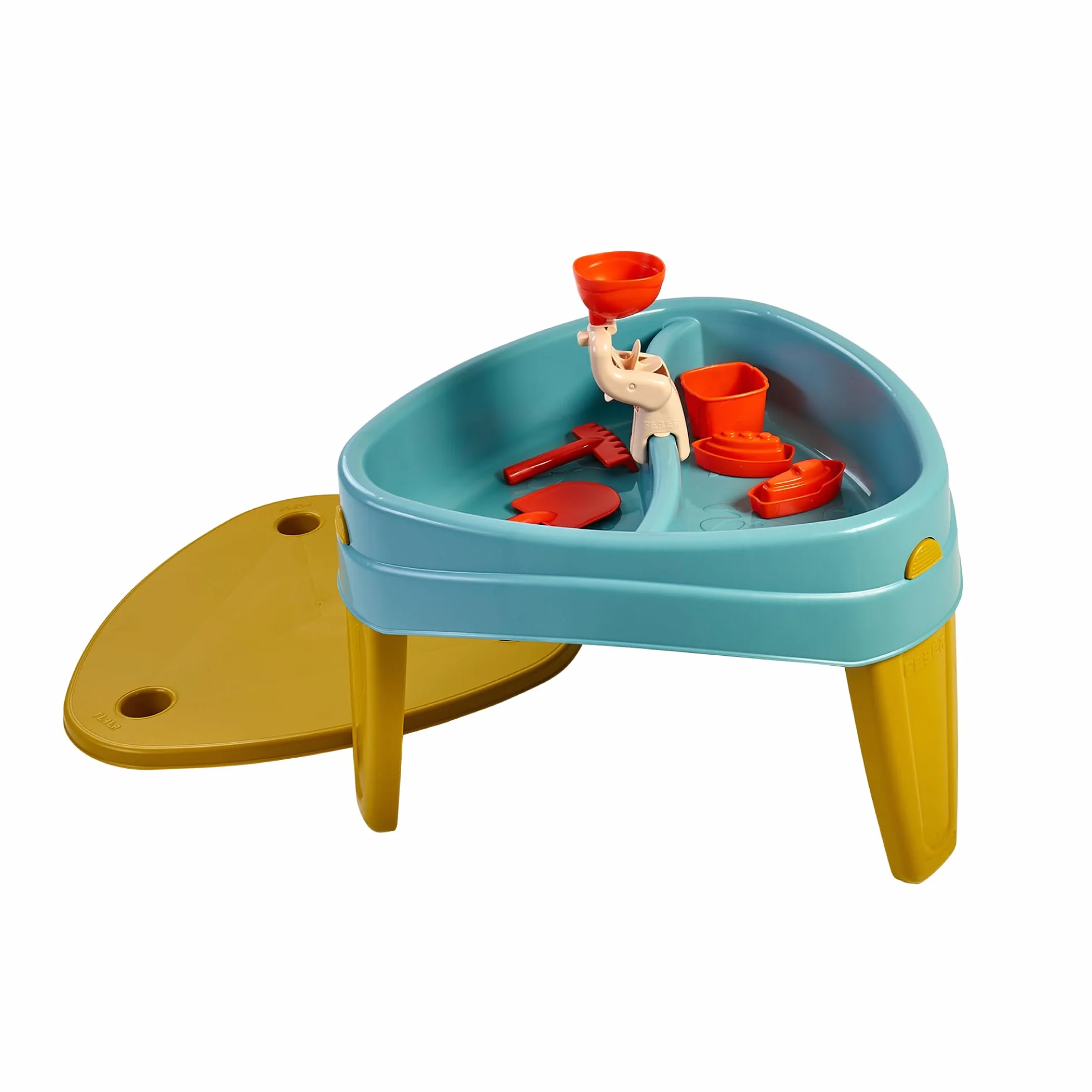 FEBER Casual Play Table, Stół do zabaw 3 w 1, Stolik dziecięcy do ogrodu zewnętrznego, 3 przegródki na wodę, piasek i rysunki, w zestawie akcesoria do gier, +2 lata, Famosa (FEU14000)