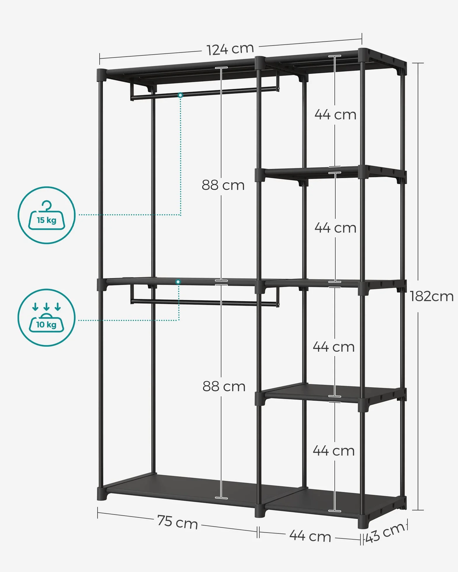 SONGMICS Otwarta szafa wolnostojąca 43 x 124 x 182 cm czarny RYG026B02