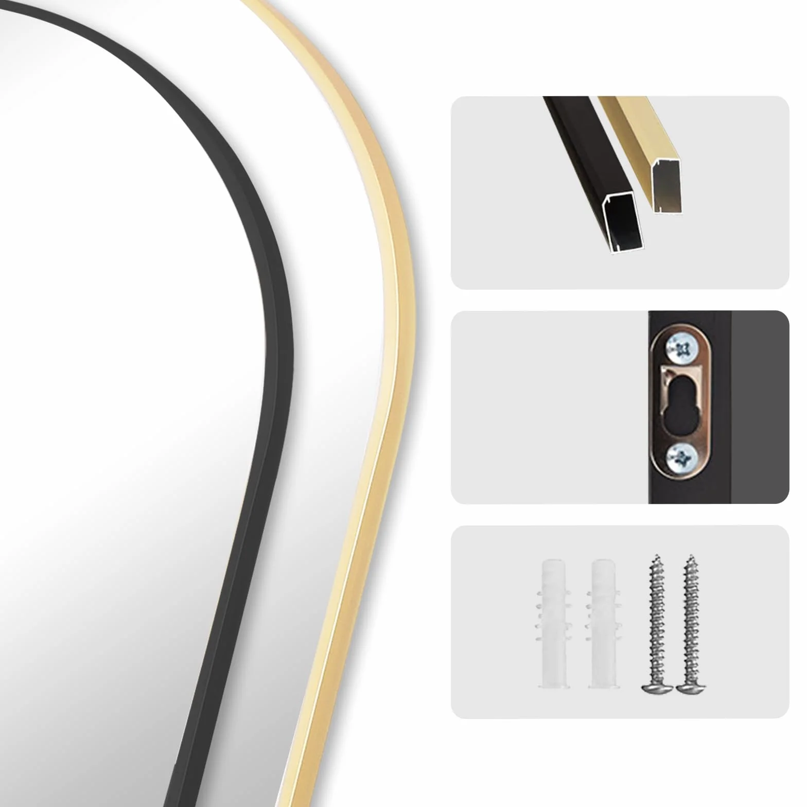 Pełne lustro 204 x 104 cm Łukowane podłogowo Duże lustro podłogowe do sypialni, salonu i przedpokoju, szkło hartowane, złota rama ze stopu aluminium