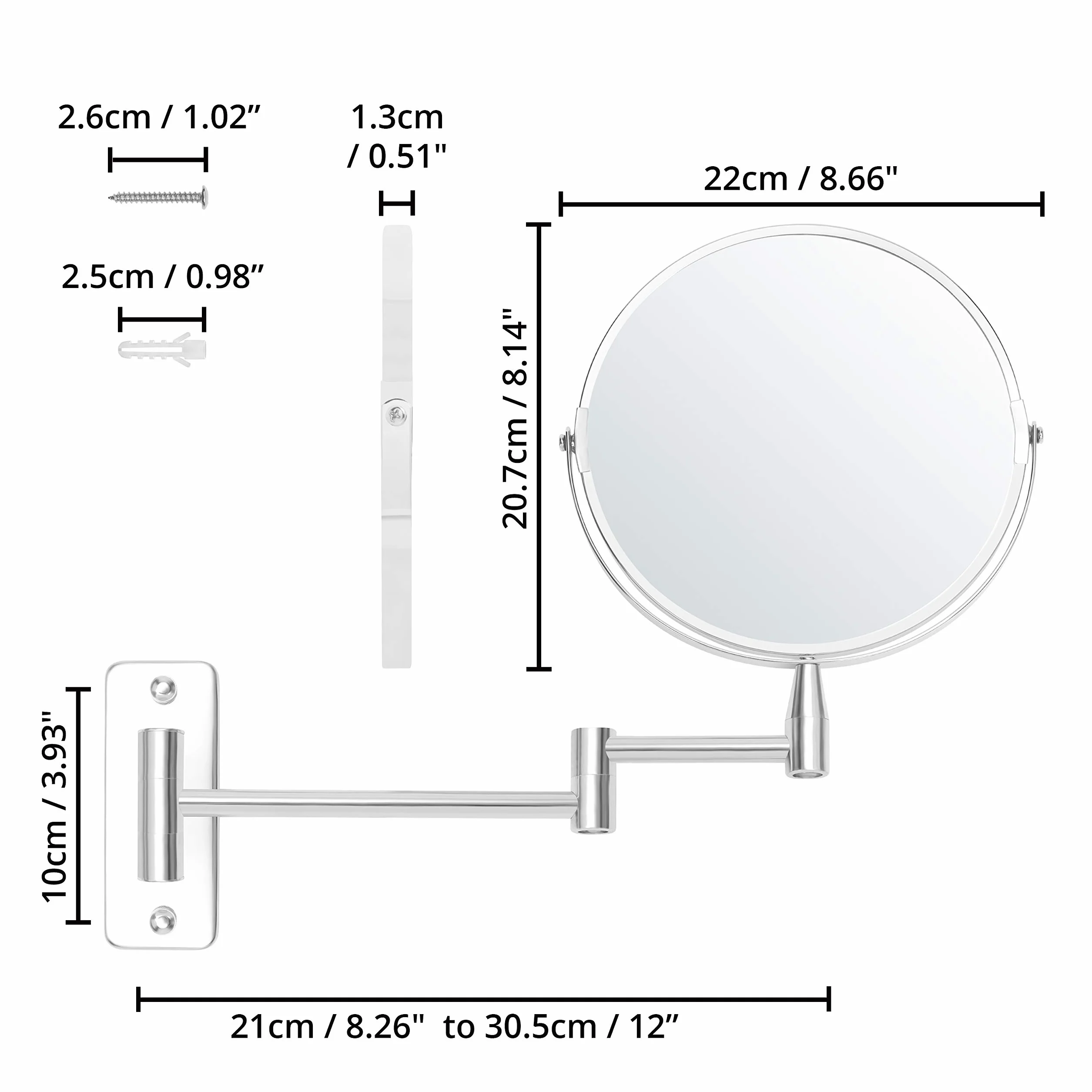 Belle Vous Chromowane Naścienne Wysuwane Obrotowe o 360° Lustro - Powiększenie 5X - 22 x 20,7 cm - Dwustronne Obrotowe Lustro ze Stali Nierdzewnej do Łazienki, Makijażu i Golenia