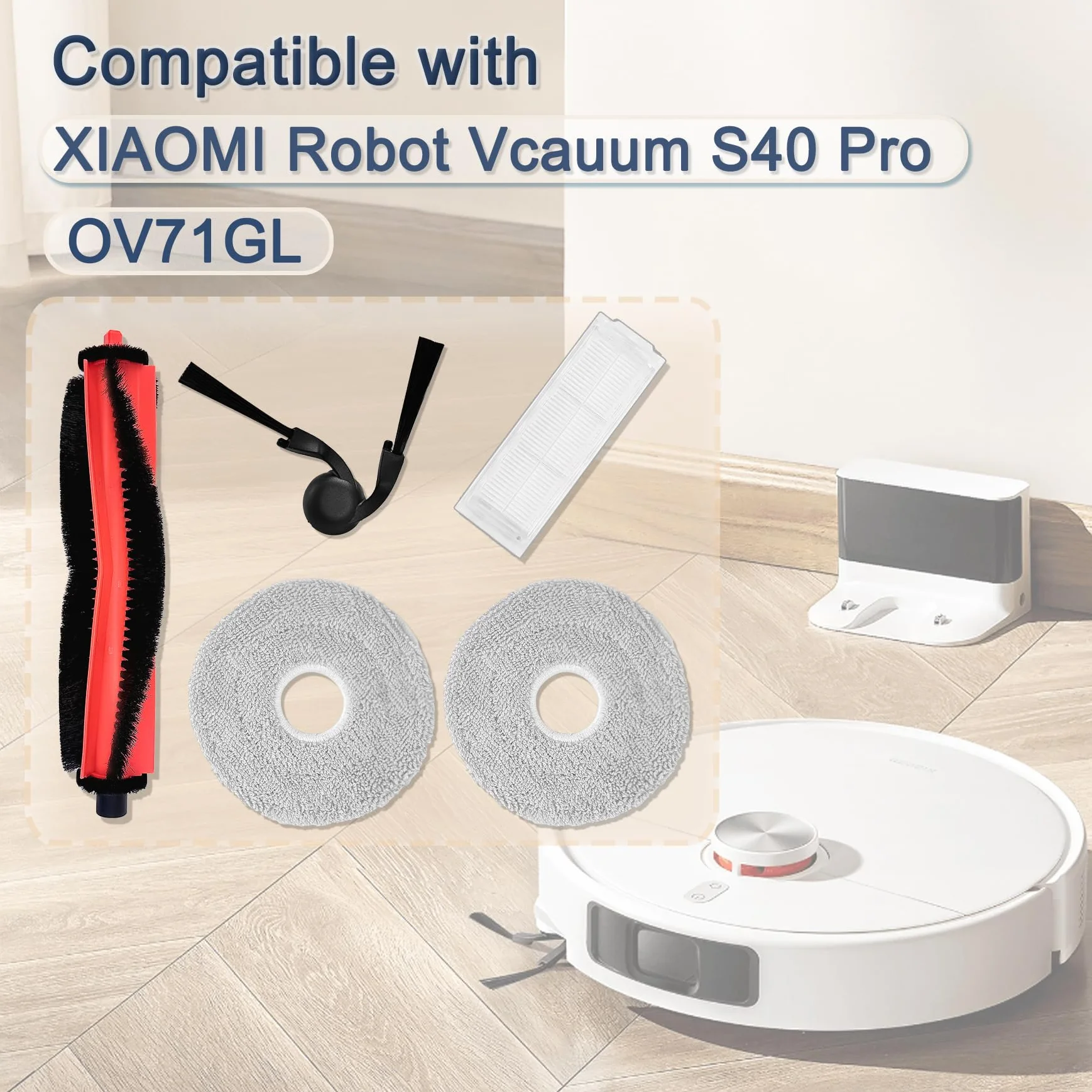 Xiaomi Robot Vacuum S40 Pro OV71GL zestaw części zamiennych 1 główna szczotka 4 szczotki boczne 4 filtry HEPA 4 podkładki mopa
