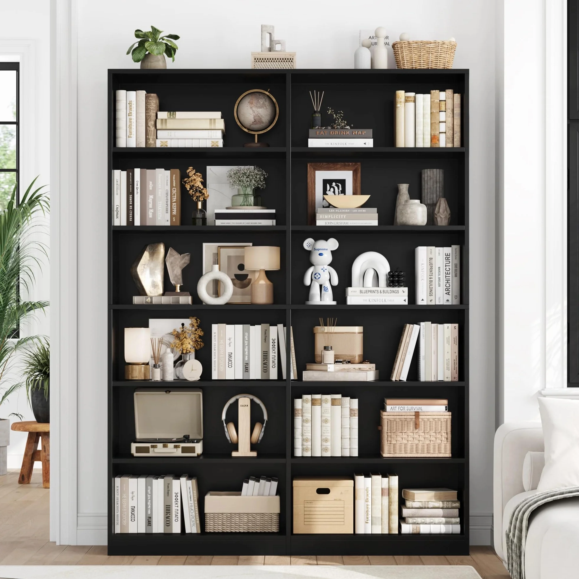 FirFurd Regał na książki z 12 przegródkami, szafka na książki, regał stojący, regał do przechowywania do salonu, biura, kuchni 120 x 30 x 188,7 cm, kolor czarny