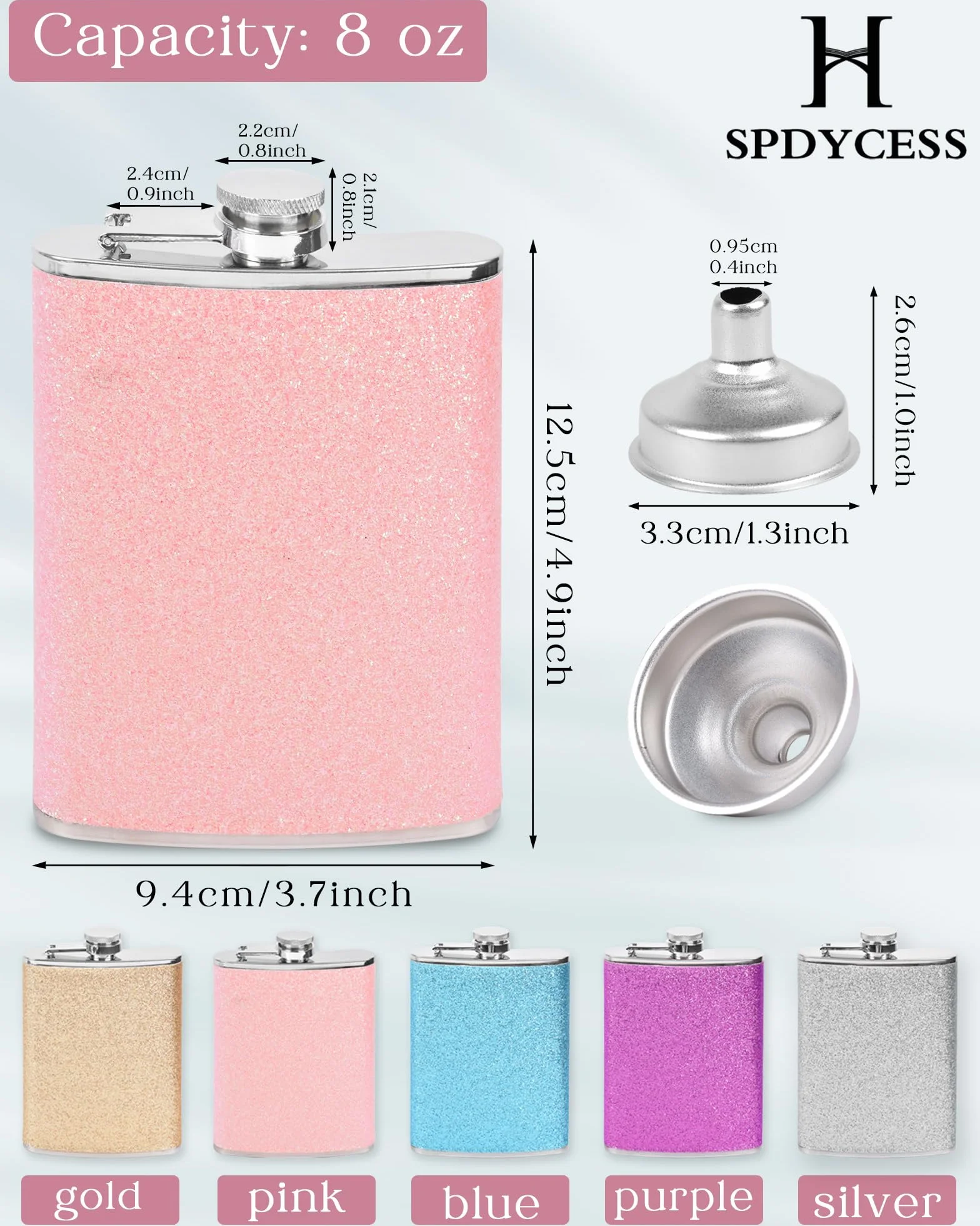 Piersiówka z Błyszcząca Damska 8oz, Glitter Piersiówka ze Stali Nierdzewnej z Lejkiem, Przenośna Piersiówka Prezent na Kemping Wędrówek - Blady Róż