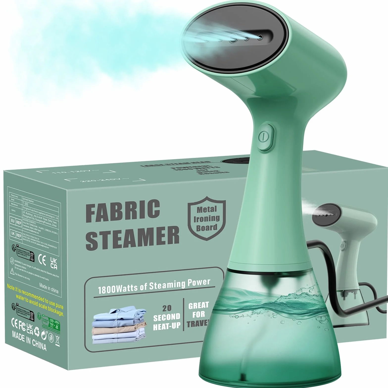 OLAYMEY Steamer żelazko parowe podróżne, 1800 W, 30 g/min, żelazko parowe, 400 ml, przenośne żelazko podróżne, szybkie nagrzewanie 20 s, ręczna parownica, szczotka parowa do ubrań, T202, zielona