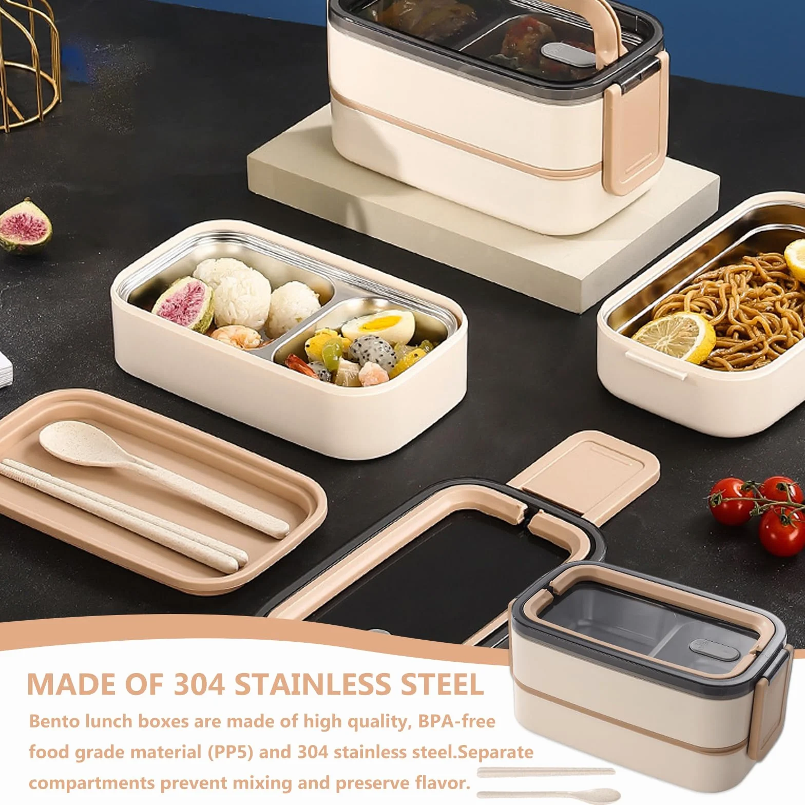 Pudełko Bento Box, 2 poziome, z przegródkami, 1400 ml, ze stali nierdzewnej, hermetyczne, nie zawiera BPA, z zestawem sztućców