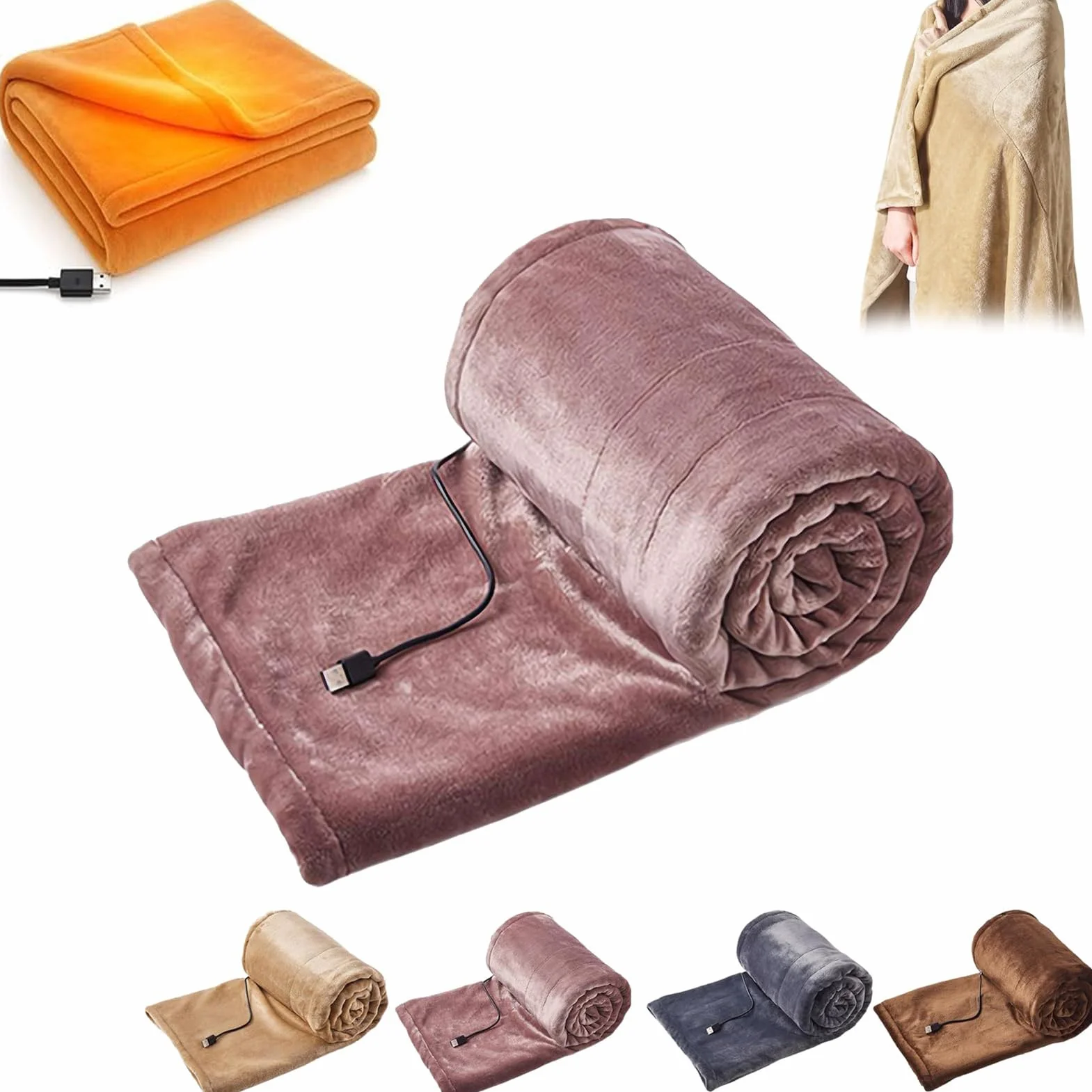 AVSMGP Bezprzewodowy elektryczny koc grzewczy Miękki flanelowy koc zasilany przez USB z 3 ustawieniami temperatury Przenośna mata grzewcza Do domu, biura, podróży,Pink,180×200CM/71×78.8IN