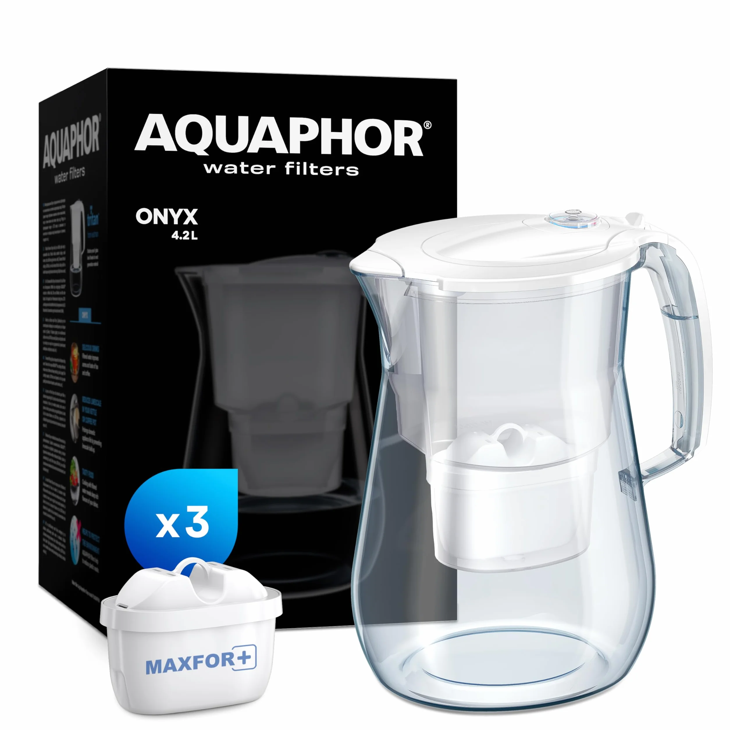 AQUAPHOR Filtr do wody Onyks biały 3 filtry MaxFOR+ 4,2 l karafka redukuje wapno i chlor