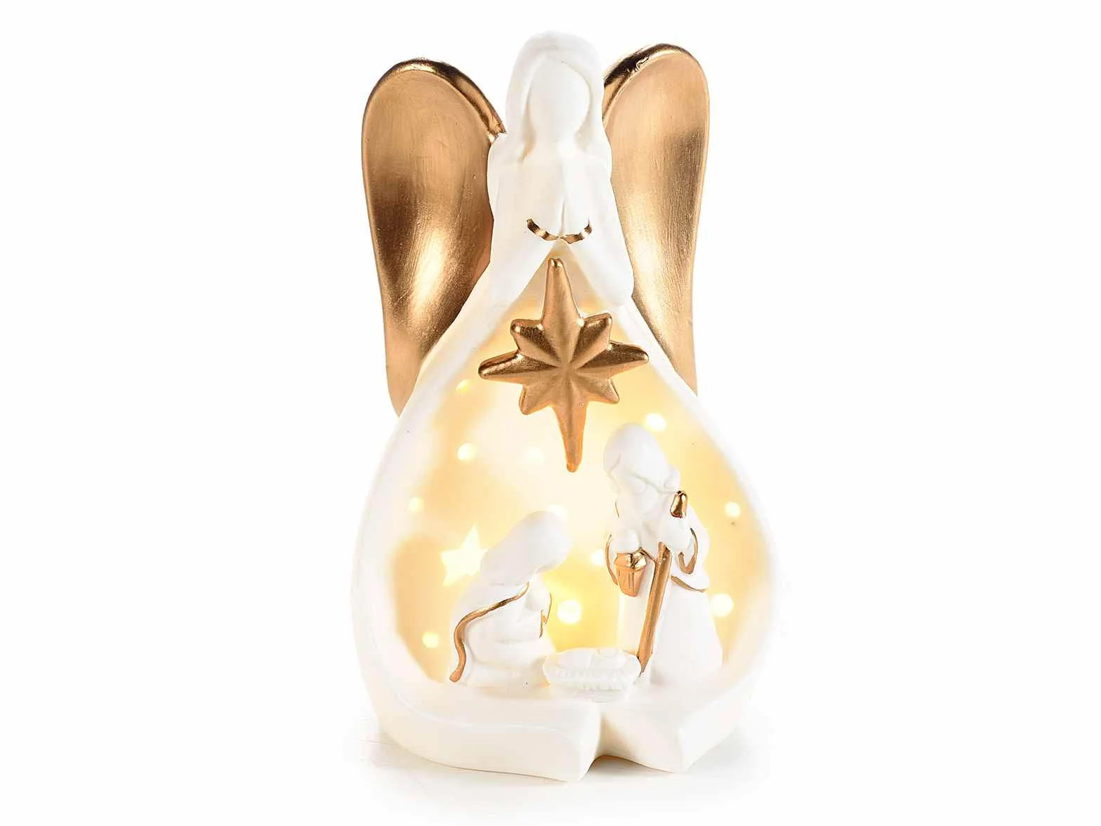 Biała ceramiczna szopka bożonarodzeniowa z diodami LED, 10,5 x 9 x 18 H