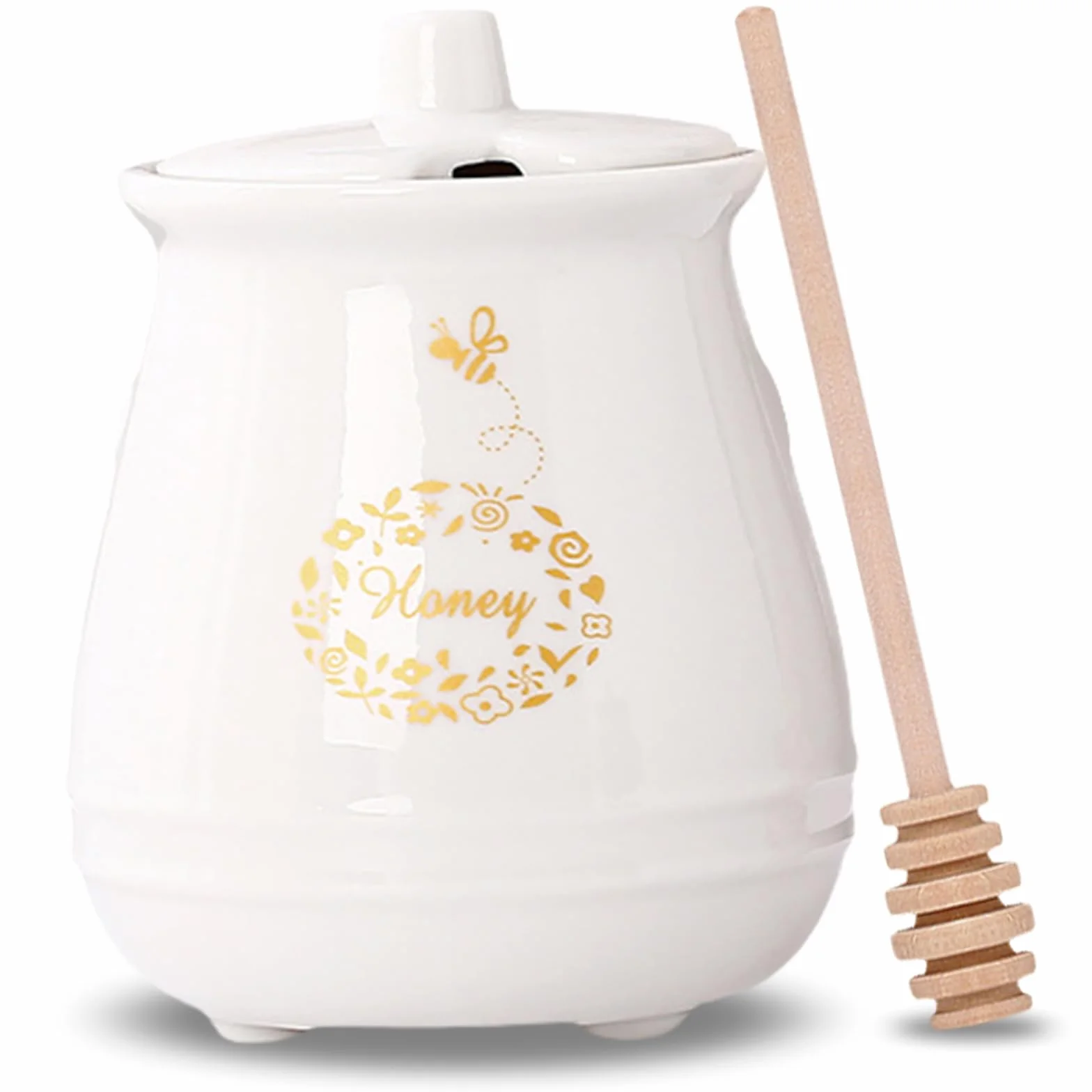 Garnki na miód, ceramiczny, 300 ml, z pokrywką i łyżeczką do miodu, 3 x do kuchni, salonu, na miód i syrop, porcelanowy pojemnik na miód do przechowywania (biały)