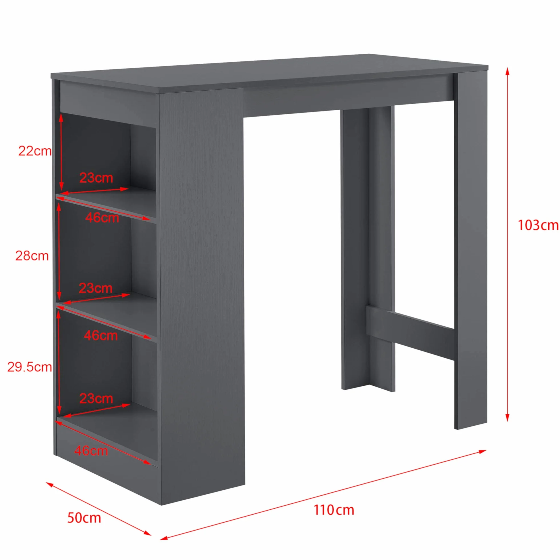 [en.casa] Stół barowy z wbudowanymi półkami, stół do jadalni, 110 x 50 x 103 cm, stolik barowy z 3 półkami, stolik barowy z 3 półkami, blat kuchenny, ciemnoszary