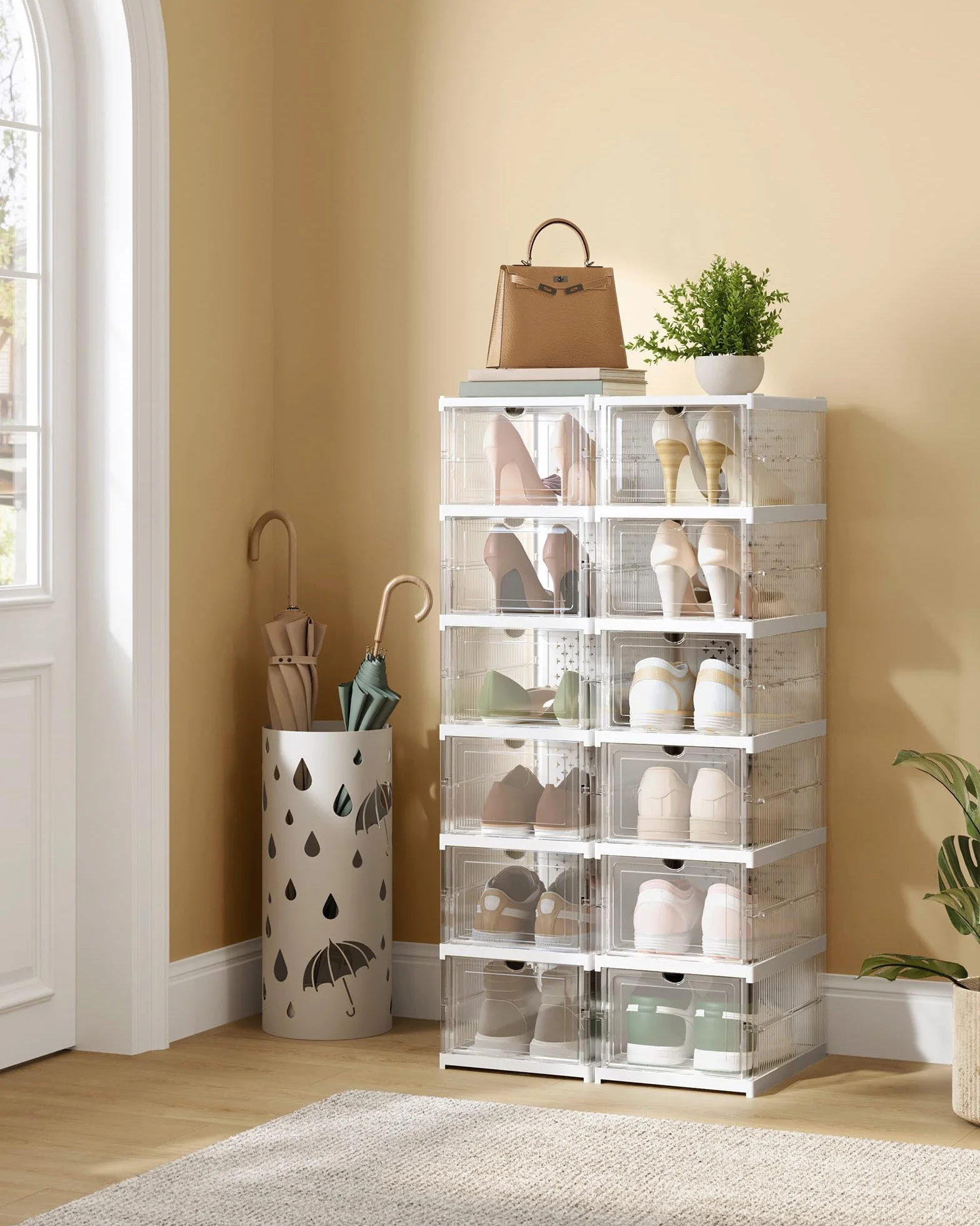 SONGMICS Szafka na buty z 6 pudełkami na buty, zintegrowany organizer na buty, składana, przenośna, na buty do rozmiaru 46, montaż w 1 minutę, przezroczysta chmura biała LSP205W01