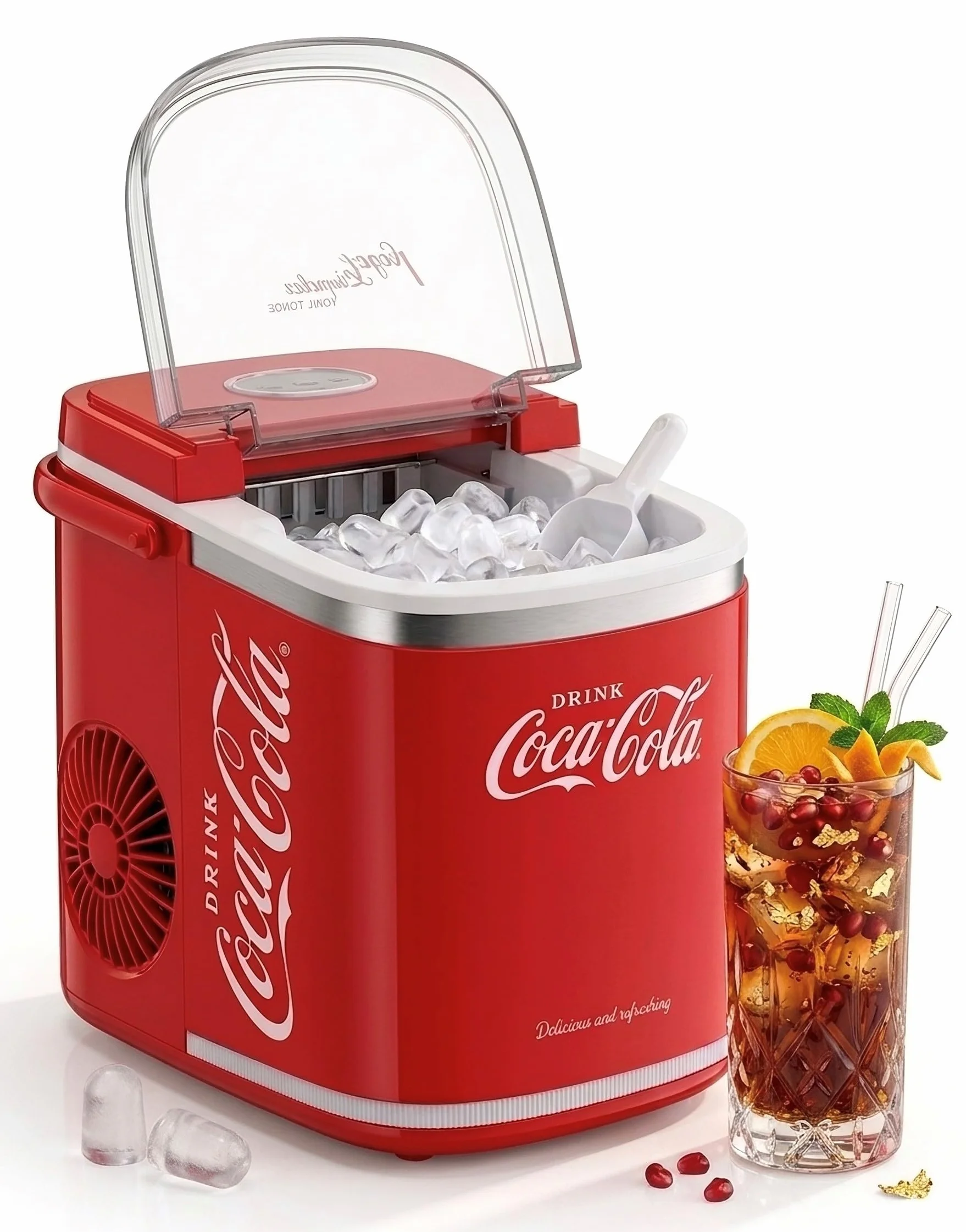 Salco Coca Cola kostkarka do lodu w kolorze czerwonym, 2 rozmiary kostek lodu, 12 kg na dzień, w stylu retro, czerwona, przenośna kostkarka do kostek lodu do koktajli, napojów i imprez