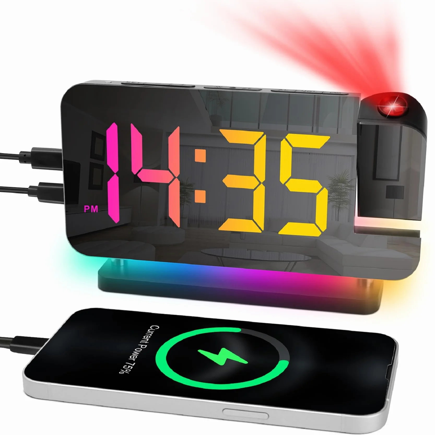 Cuteefun Budzik projektora sufitowego z podwójnym portem USB C/A, wyświetlacz RGB 11 kolorów, 6 poziomów jasności