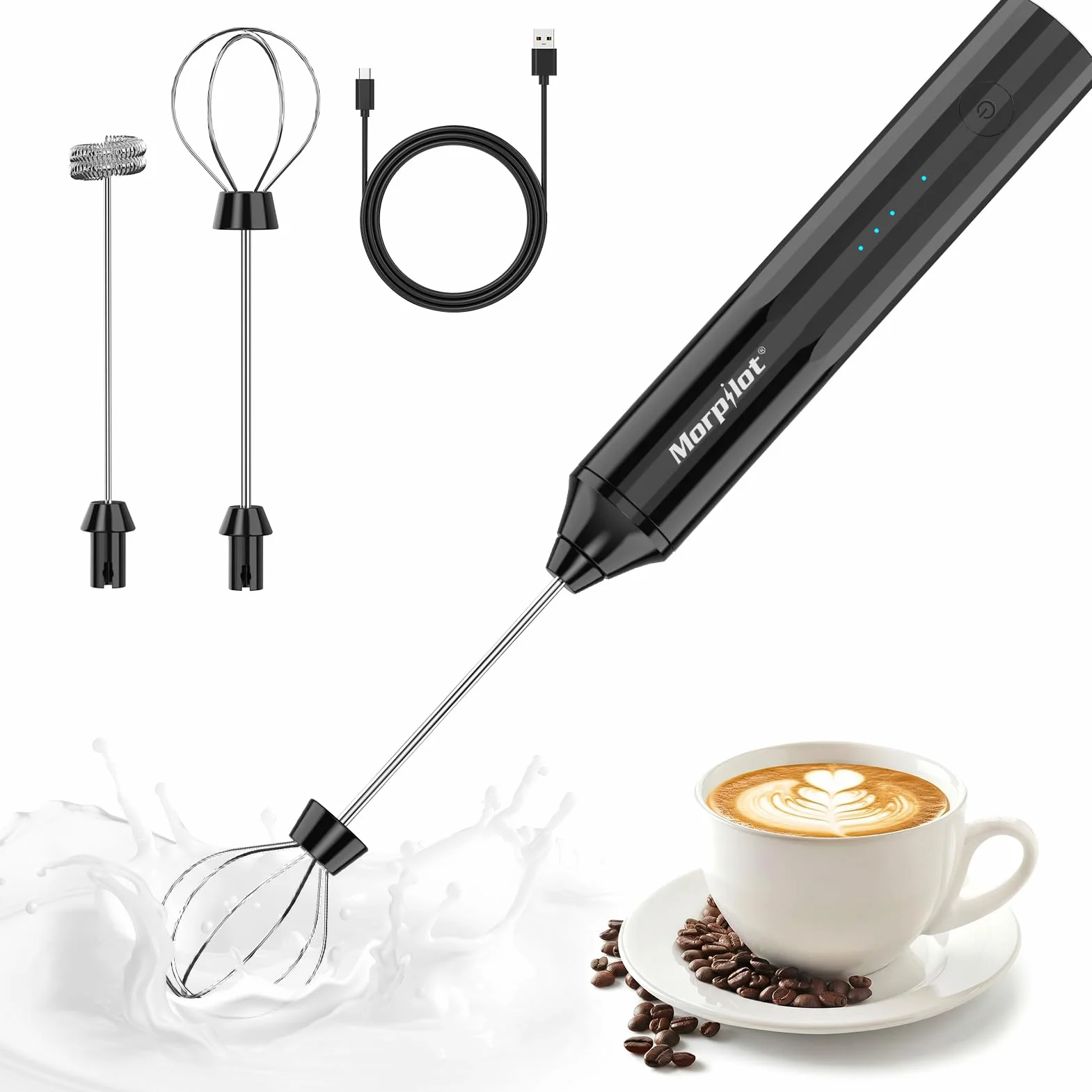 Morpilot Mleko Frother, akumulator elektryczny spieniacz do mleka, przenośny mini spieniacz, odłączany trzepaczka, do kawy, cappuccino, czarny