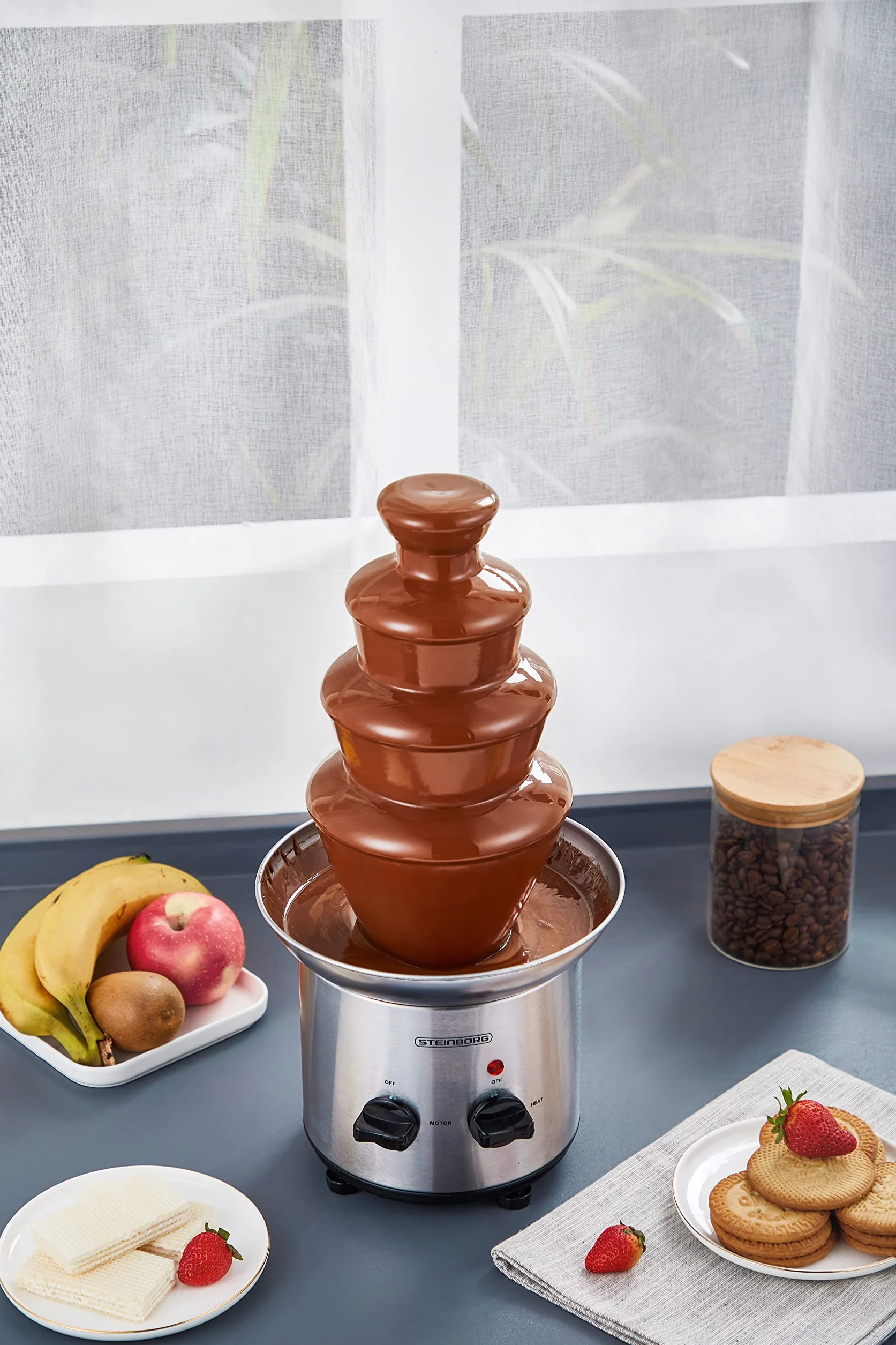 Czekoladowa fontanna | 170 W | 1250 g | wysokiej jakości i trwała stal nierdzewna | 4-stopniowa | odporna na wysokie temperatury | fontanna czekoladowa | fondue | fondue | czekolada |