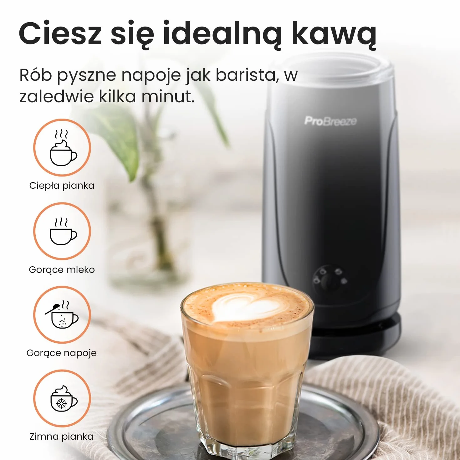 ProBreeze Elektryczny Spieniacz do Mleka 4w1 na Ciepło i Zimno, Podgrzewacz Ubijacz, Mikser do Śmietanki, Cichy, do Kawy Cappuccino Frappe Gorącej Czekolady, Czarny