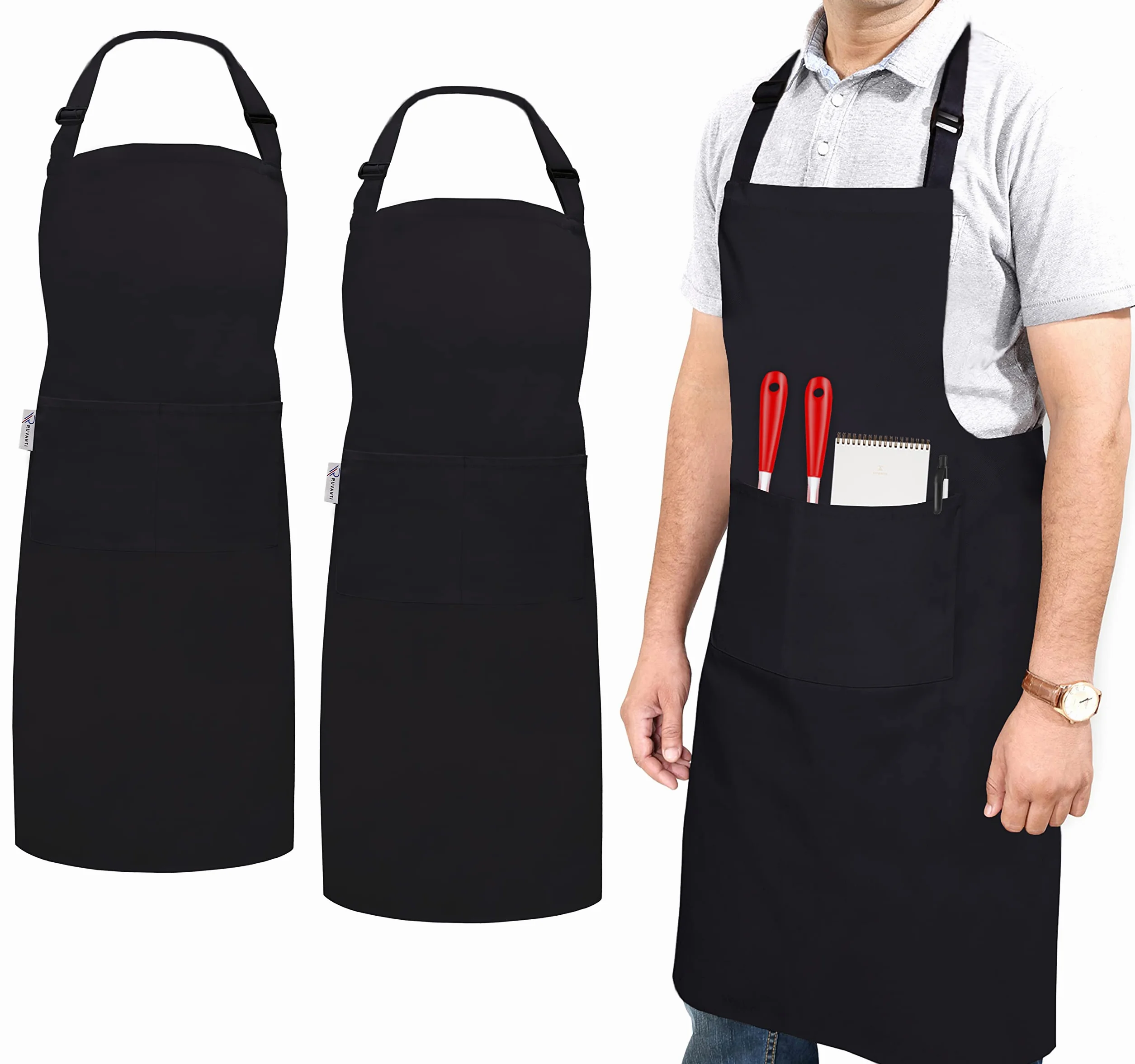 Ruvanti Profesjonalne czarne fartuchy dla mężczyzn/kobiet regulowany pasek na szyję, rozmiar od M do XXL (duży 86 cm x 71 cm) wygodny i bawełniany fartuch do grillowania/szefa kuchni/fartuch