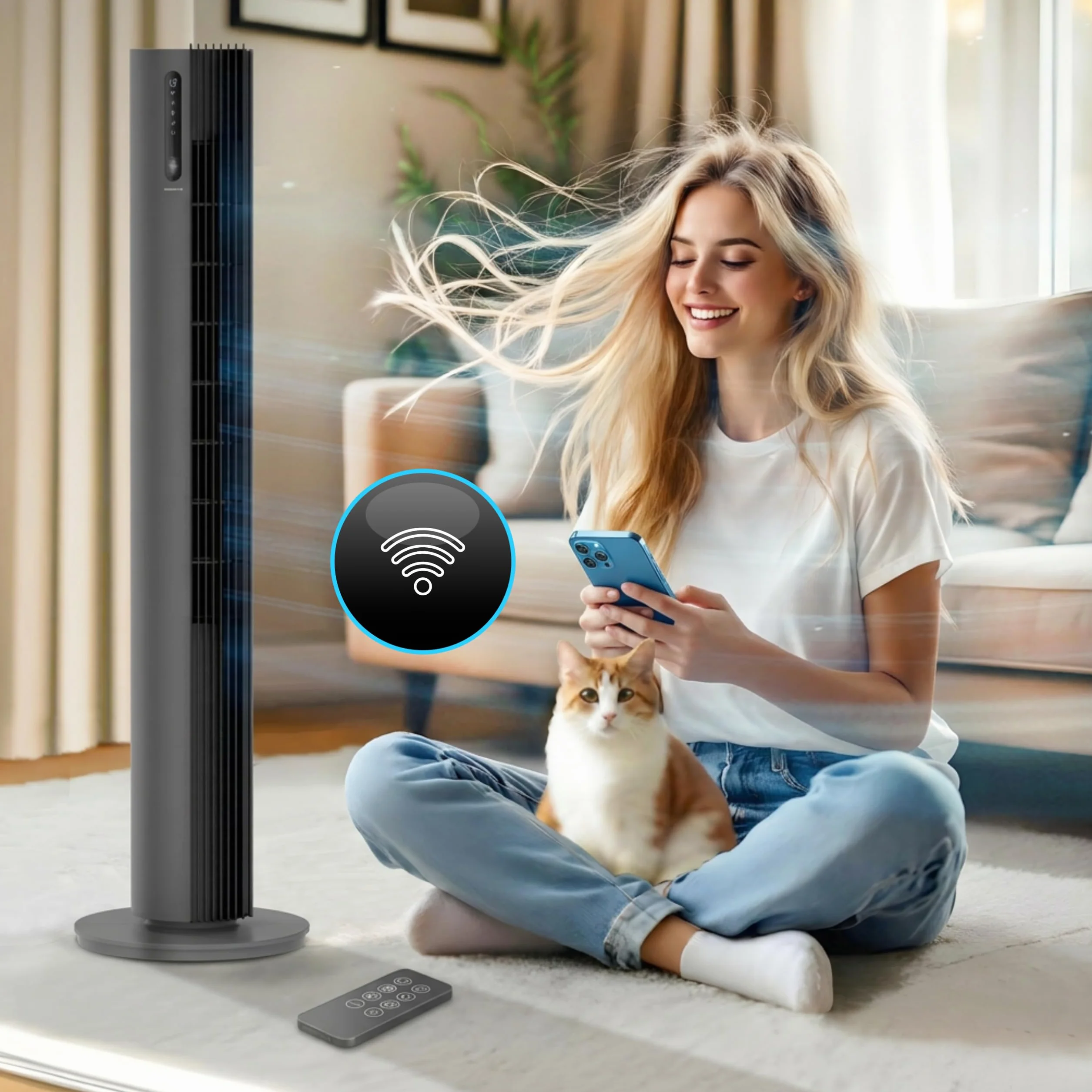 Wentylator kolumnowy 110cm PURE Jonizacja Plazmowa WiFi Tuya Smart Life, 12 prędkości, 30W, Timer 12h, Bardzo cichy wiatrak stojący z pilotem, Tower Fan, Nowoczesny klimatyzer wieżowy, Szary