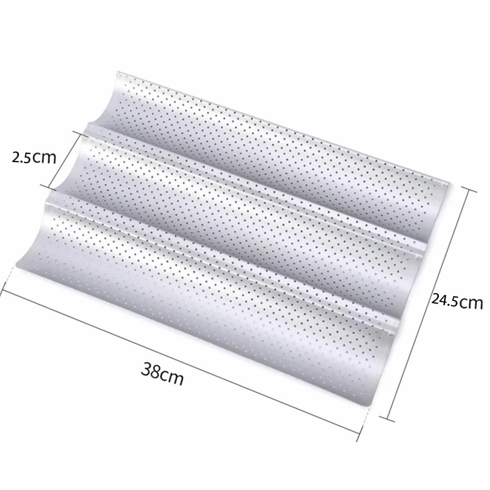 Blacha do pieczenia bagietek (38 x 24,5 cm) na 3 bagietki z 3 zagłębieniami, forma do pieczenia bułek perforowana, akcesoria do pieczenia chleba, nieprzywierająca, metalowa forma do pieczenia